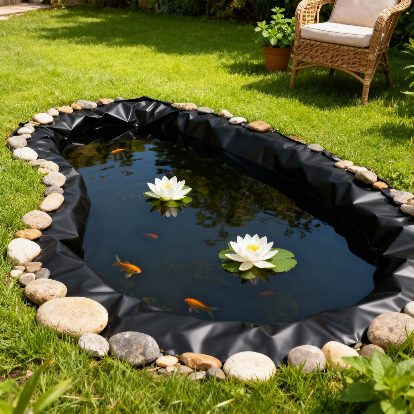 Odowalker Black Pond Liner, 10x15 Ft 12 Mil UV Resistant Preformed Pond Liner, Waterproof Ponds Liner, PE Pond Mat for Waterfall, Koi Ponds, Streams, Outdoor Ponds, Garden Fountains, Water Garden