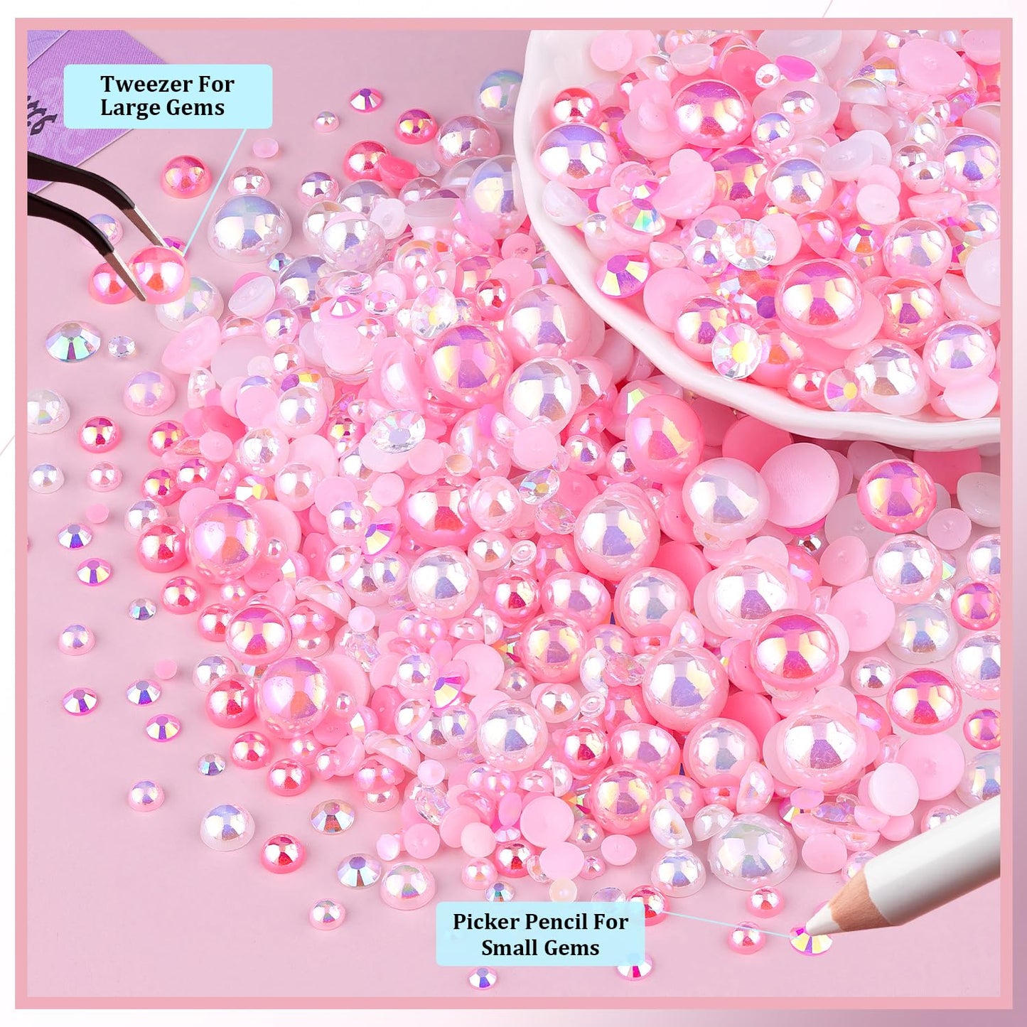 14000Pcs Flatback Pearls and Rhinestones for Crafting, Pink White Mixed Size 3-8mm Resin Rhinestones and Half Pearls for Bedazzling, Nail Art and Decoration with 3pcs B7000 Jewelry Glue