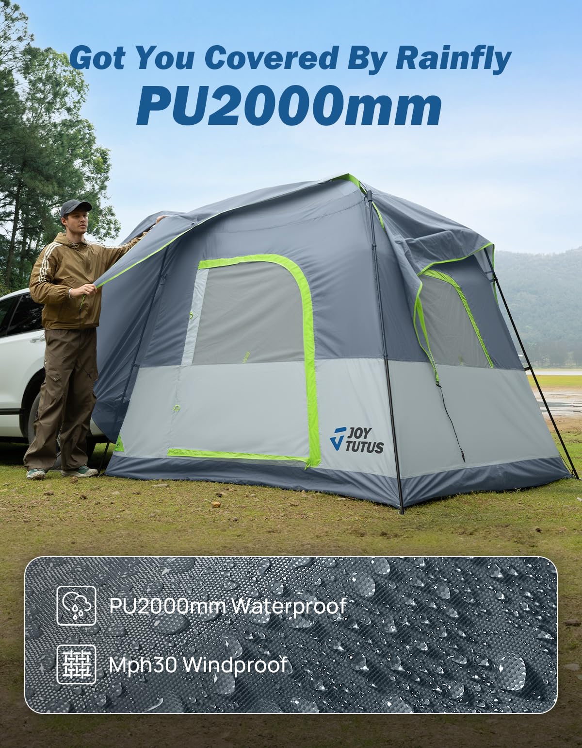 JOYTUTUS Dual-Use SUV Tent, SUV Tents for Camping with Rainfly, Strong Four Steel Frame Poles, 4-6 Person Car Tent with Ventilated Double Door Design, Movie Screen, Fit for SUV CUV Van