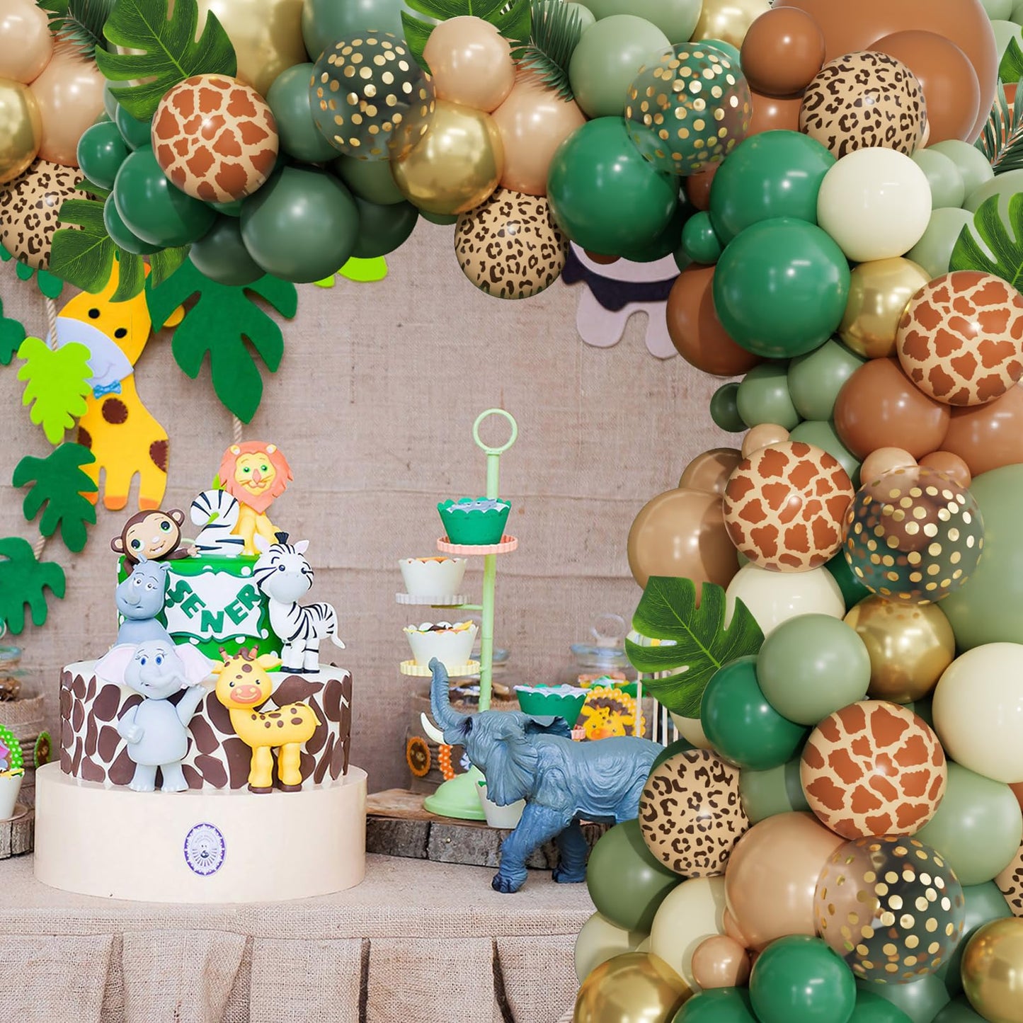 170Pcs Jungle Safari Balloons Arch Garland Kit, Sage Green Brown Animal Print Balloons Palm Leaves Wild One Safari Baby Shower Decorations for Boys Tropical Woodland Birthday Party Supplies