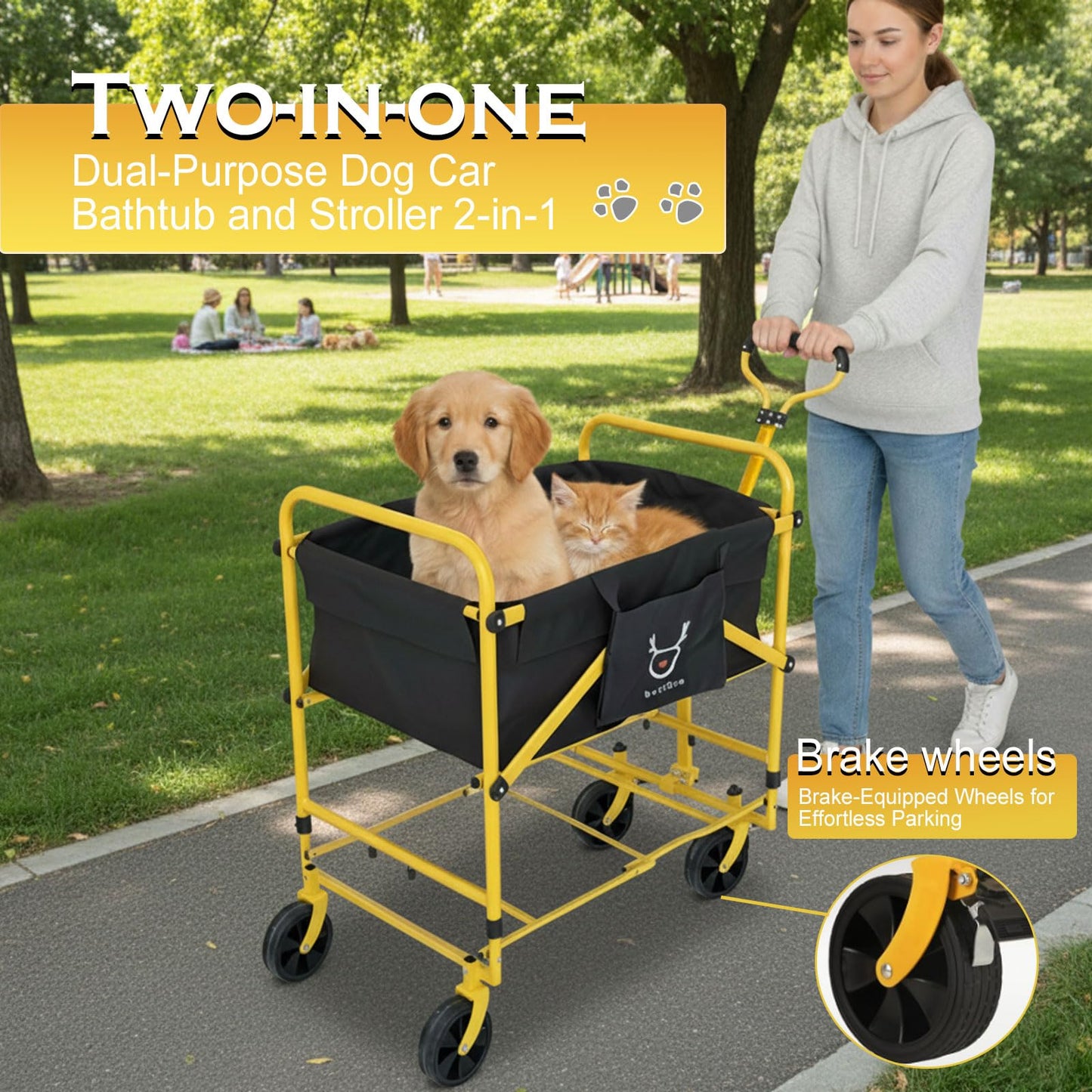 2-in-1 Dog Bathtub and Dog Stroller, Portable Dog Bath and Pet Stroller for Small and Medium Dogs (5-55 lbs) and Cats, Four-Wheel Bathing Cart with Brake
