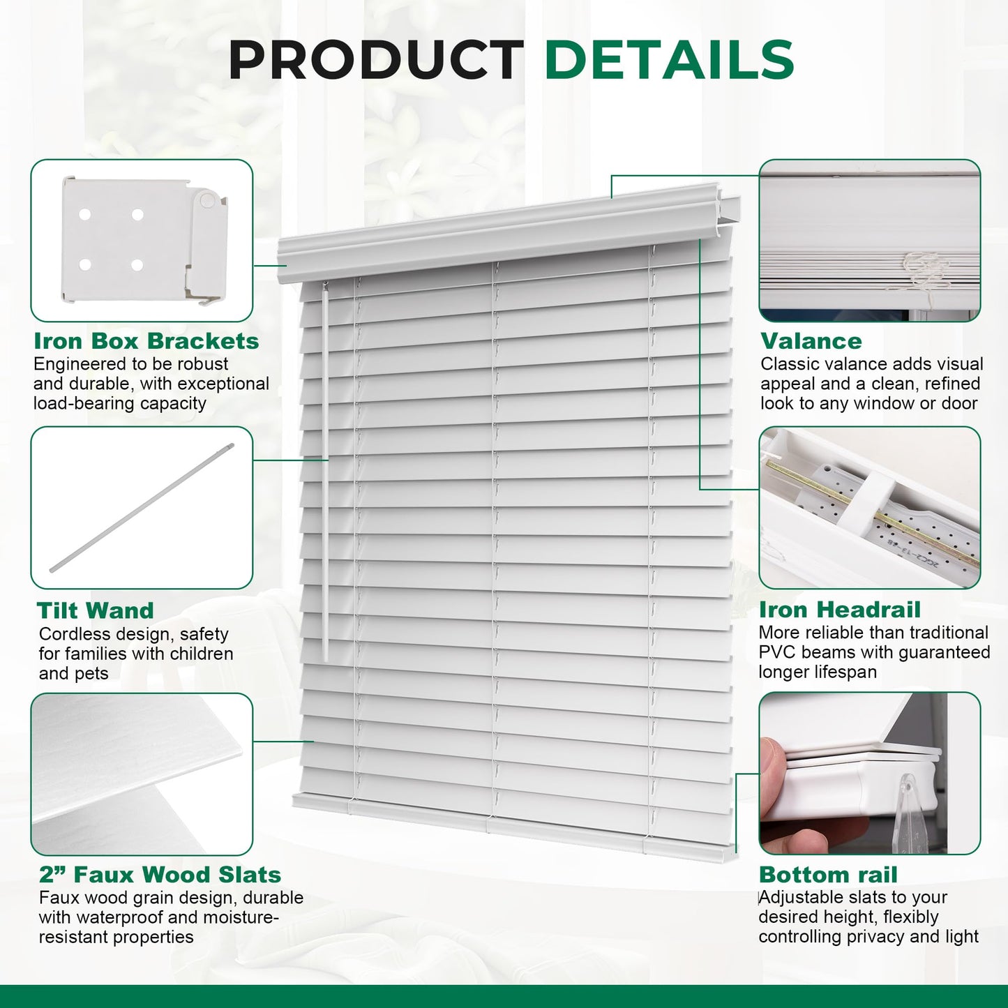 Allesin zen Cordless Faux Wood Blinds with Classic Valance, 2" Blinds for Indoor Windows-23 W x 48" H-White, Smooth Lift Operation, Horizontal Window Blinds for Home and Office