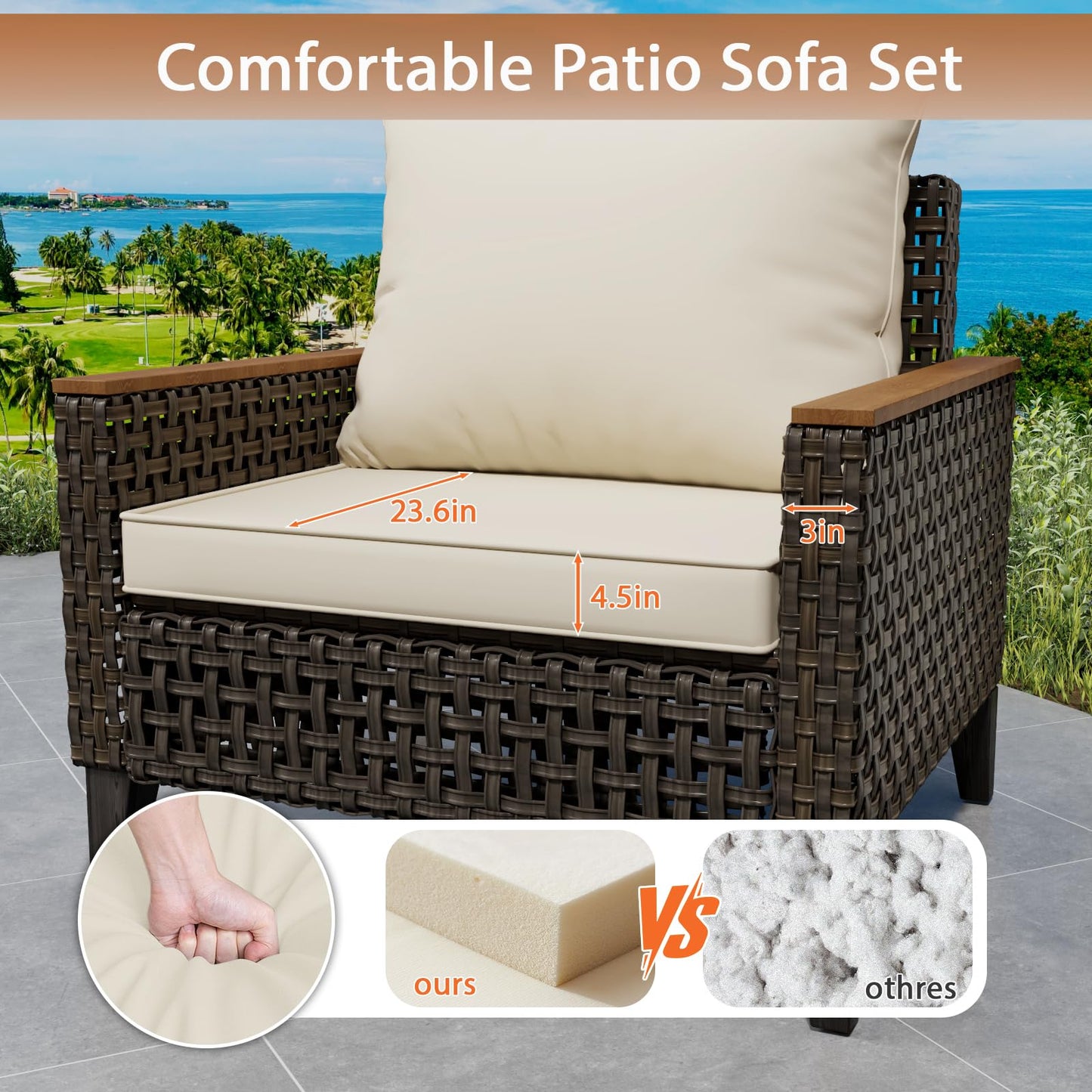 Xmkmvk 7 Piece Patio Sectional Sofa Furniture Set, All-Weather Wicker Rattan Outdoor Conversation Set with High Back and Thick Cushions, for Garden, Porch, Poolside, Beige