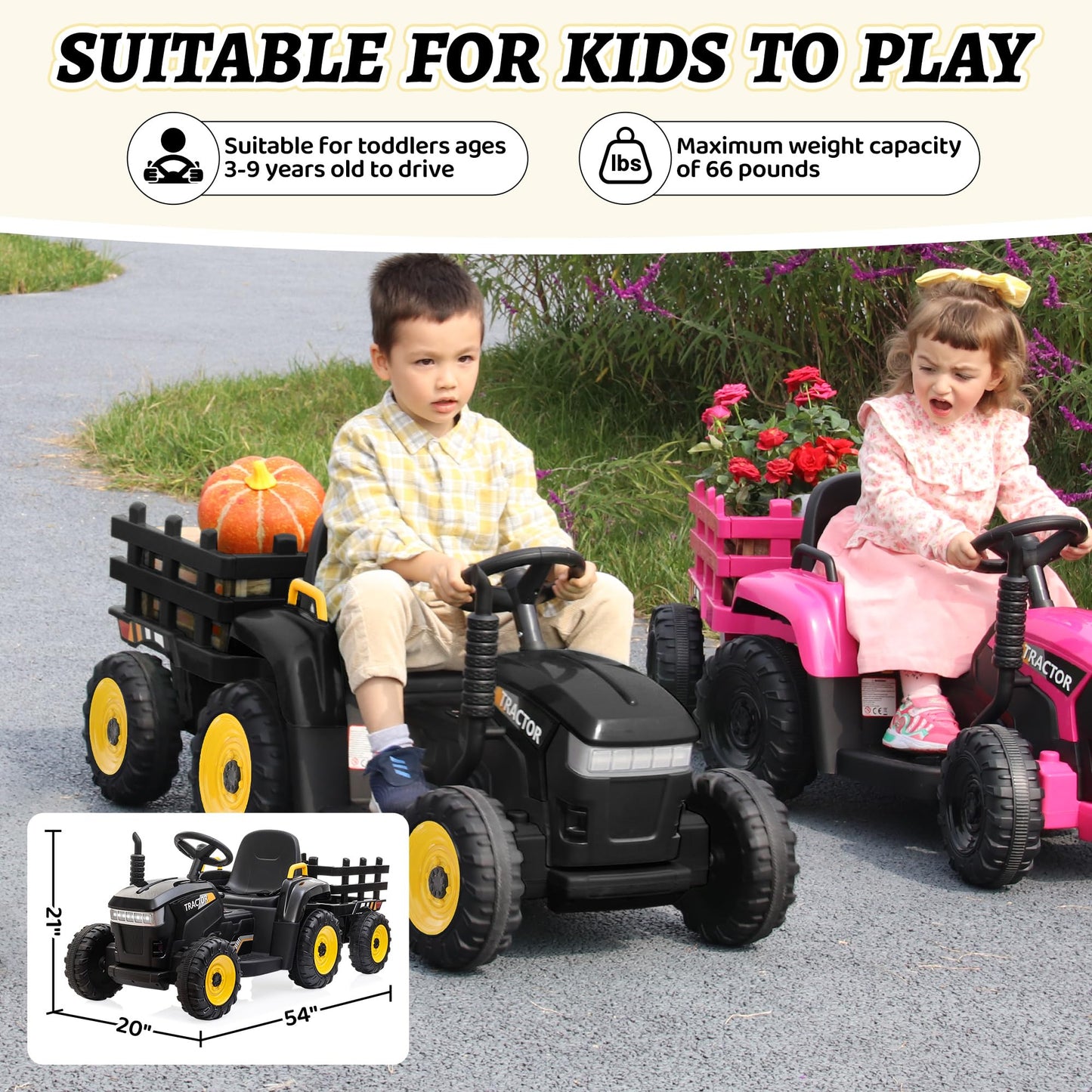 TOBBI Kids Electric Ride On Toy Tractor, Toddlers 12V Battery-Powered Car to Drive, 35W Dual Motor 6-Wheels Trailer Vehicle with 3-Speeds/LED & Horn Functions for Chirdren Aged 3-6-Black