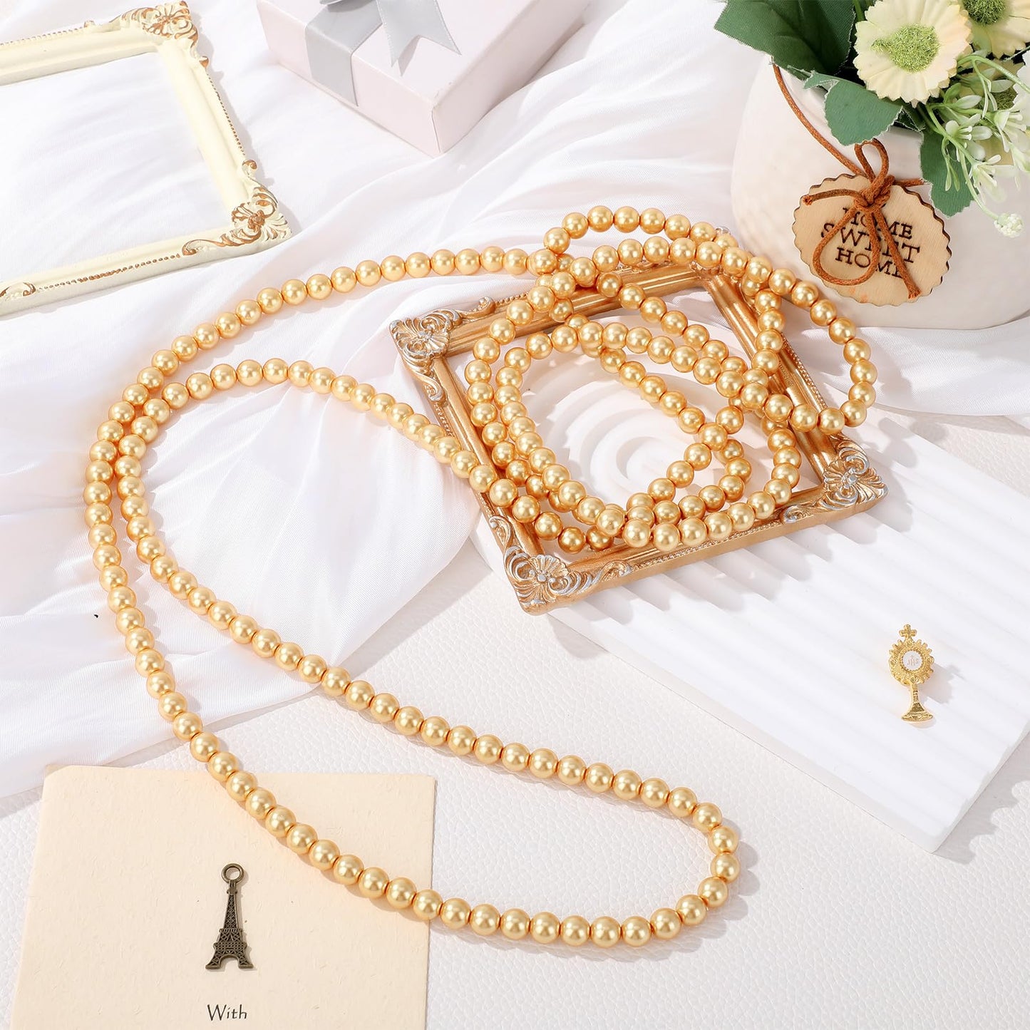 Aurelema 2 Pack Long Pearl Necklace for Women 1920s Costume Party Jewelry Faux Pearls Strand Beads for Ladies(70 Inches,8 mm,Glass,Gold)
