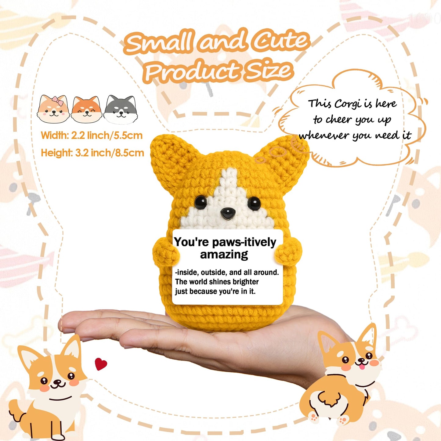 Vatogon Mini Crochet Corgi Gift for Mothers Day Teacher Appreciation,Emotional Support Inspirational Crochet Dog Stuffed Birthday Gift for Dog Lover Friends,Handmade Positive Puppy Desk Decor
