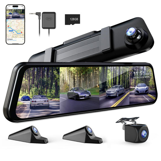 360 Degree View 4 Channel Mirror Dash Cam Detached Camera for Cars，Dash Cam Front and Rear Side(Left,Right),12'' Rear View Mirror Camera1080Px4,WiFi,Night Vision,GPS,Parking Monitor,Free 128GB Card