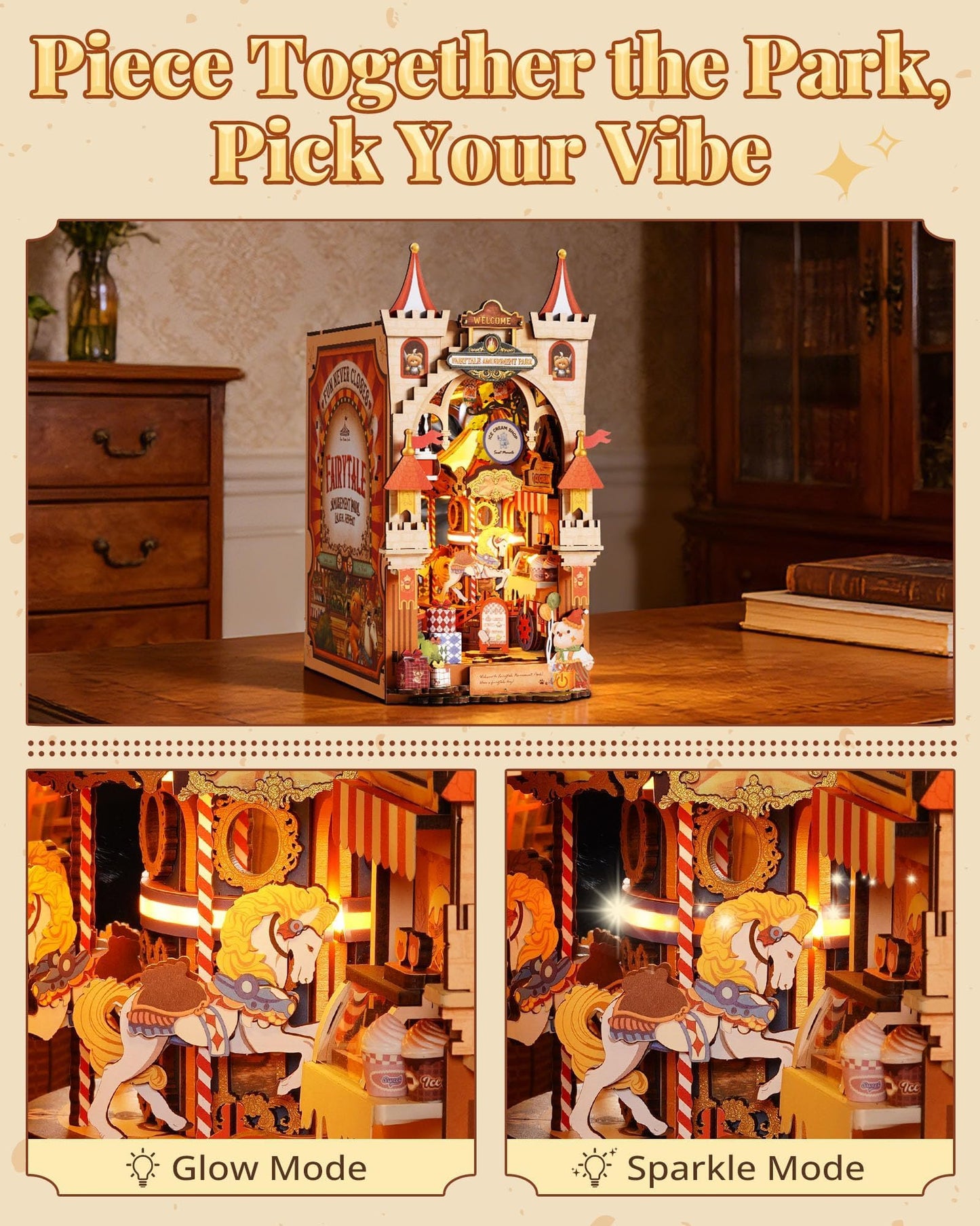 Rolife DIY Book Nook Kits for Adults- Fairytale Amusement Park- 3D Wooden Puzzle Booknook for Bookshelf Decor, Creative DIY Miniature Dollhouse Kits, Nook Tales Gifts for Adults, Teens & Book Lovers