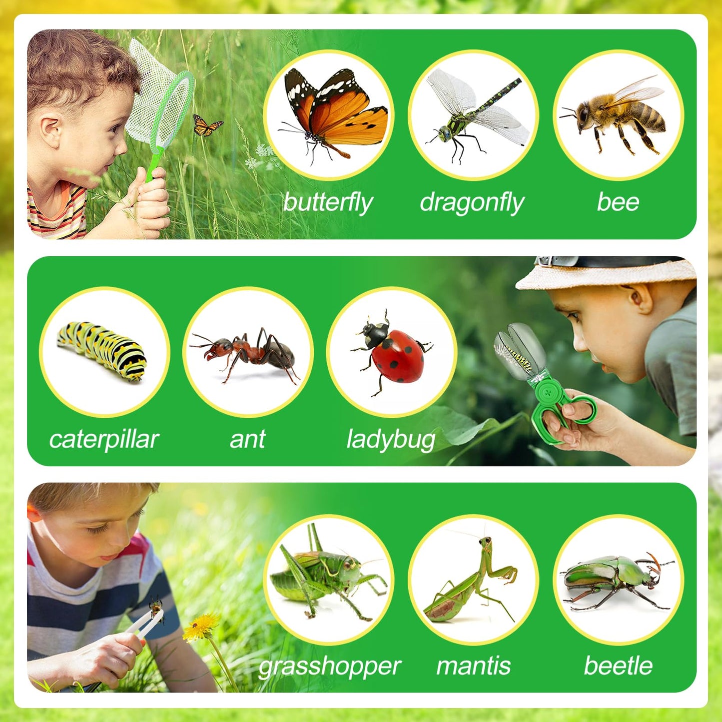2Sets Bug Catcher for Kids - Sturdy Kids Bug Catching Kit Gifts with Collector Butterfly Net Tweezer, Bugs Habitat Outdoor Explorer Kit for Age 3 4 5 6 7 8, 8Pcs