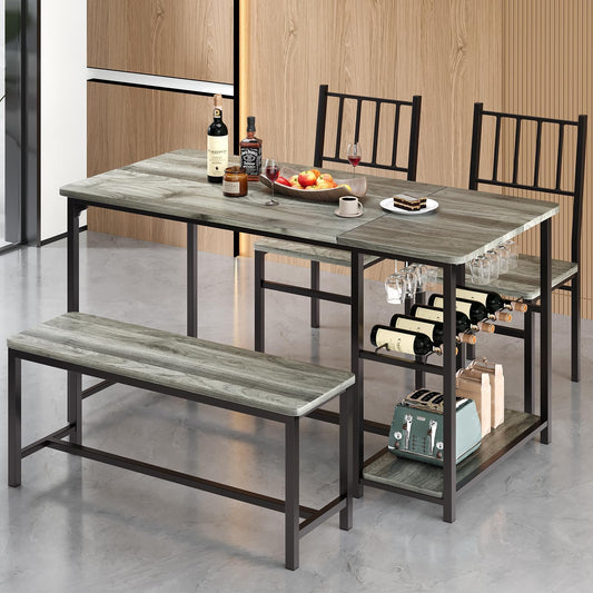 4 EVER WINNER Dining Table Set for 4, 55" Kitchen Table Set with Storage Shelf, Wine Rack & Wine Glasses Holder, Breakfast Table Set for 4 with Chairs and Bench for Dining Room, Kitchen, Wash Grey