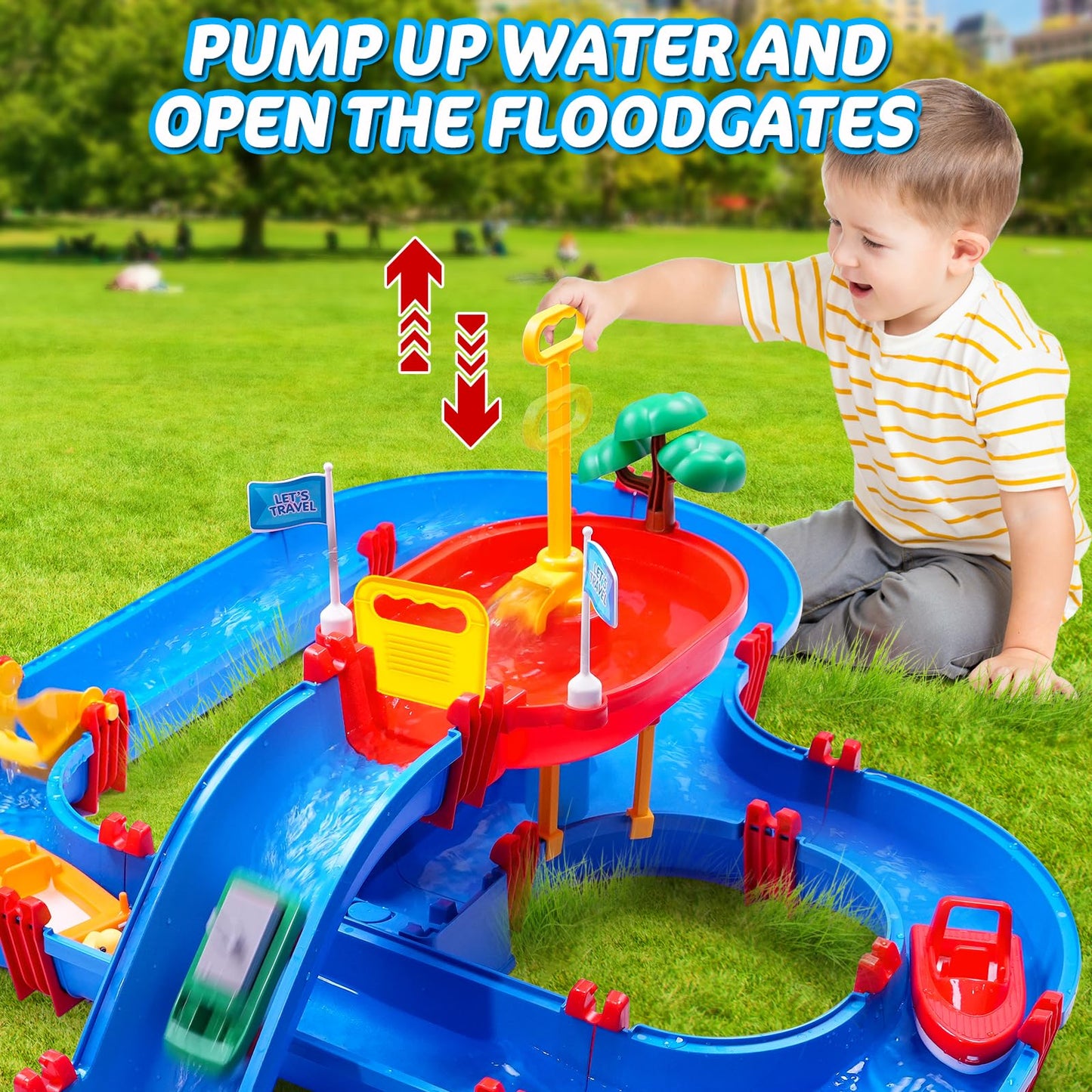 TERRAMUS Double-Tier Kids Water Table Toys, 100PCS Water Park Playset with Pump, DIY Toddler Waterways, Summer Outdoor Toys for Backyard,Lawn,Beach,Pool, Outside Activity Funs for Boys Girls 4-8 3-5