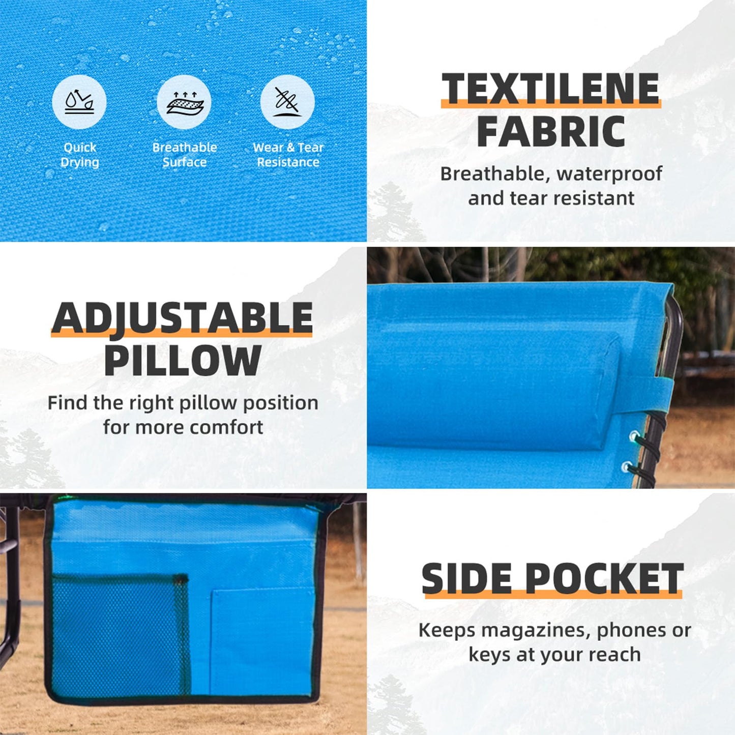 Foristrail Folding Chaise Lounge Chair Bed - Heavy-Duty 400lb Capacity Portable Adjustable Recliner w/Pillow for Patio, Pool, Camping, Sunbathing - Lay Flat Design (Blue)