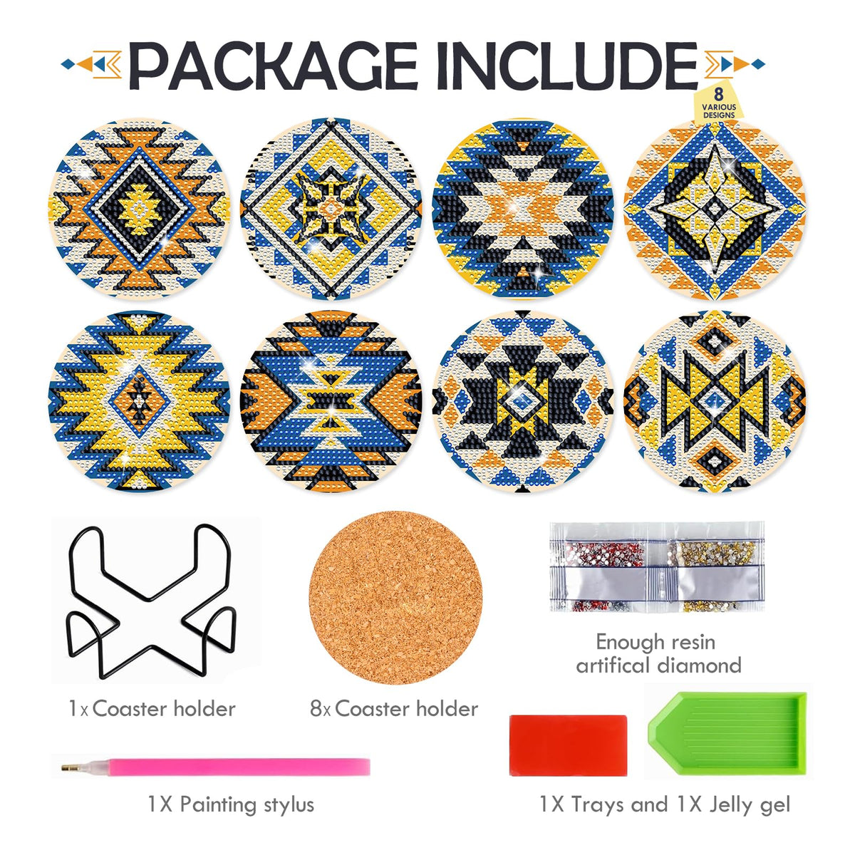 INCOK Aztec Diamond Art Coasters - 8 PCS DIY American Native Diamond Painting Coasters Kits for Drinks Coffee Abstract Boho Indian Art Craft Supplies Gift for Mexican Beginners