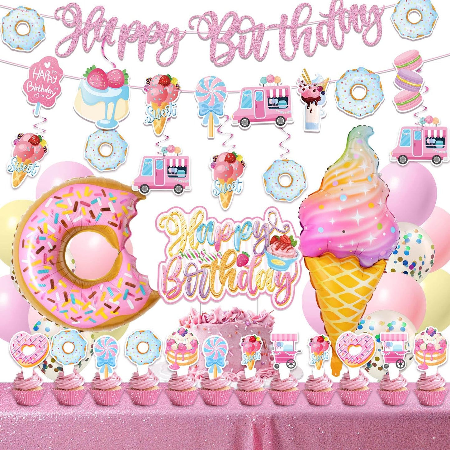 JUYRLE Sweets Birthday Party Decorations for Girls- Pastel Ice Cream Party Supplies, Donut Balloons Happy Birthday Banner Cupcake Topper Candy Theme Birthday for Baby Shower Wedding