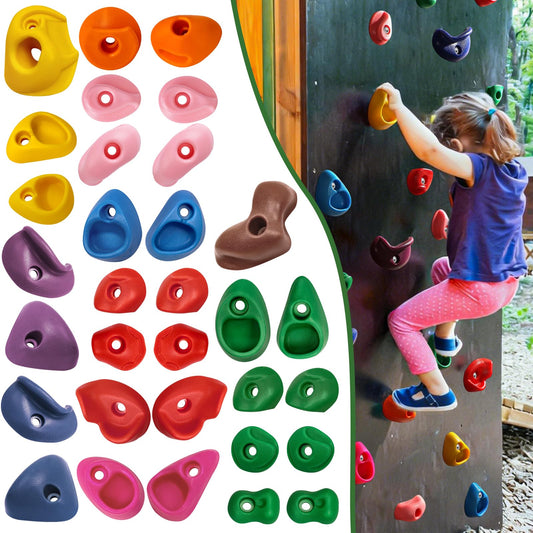 SEKKVY 32 Rock Climbing Holds for Kids and Adults, Multi Size Colorful Plastic Wall Grips with 2 Inch Mounting Hardware, Indoor Outdoor Playground Set