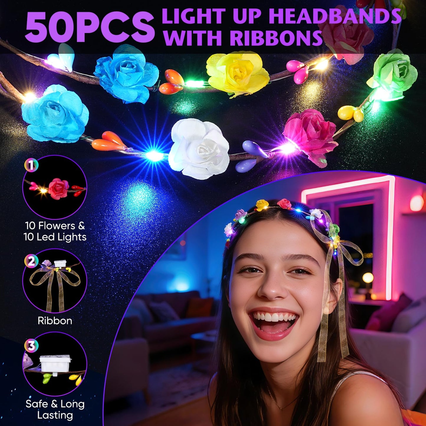 Chicloop 50 PCS LED Flower Crowns Headbands with Ribbons, Light Up Flower Headband for Women, Glow in the Dark Party Supplies for Wedding Birthday Party