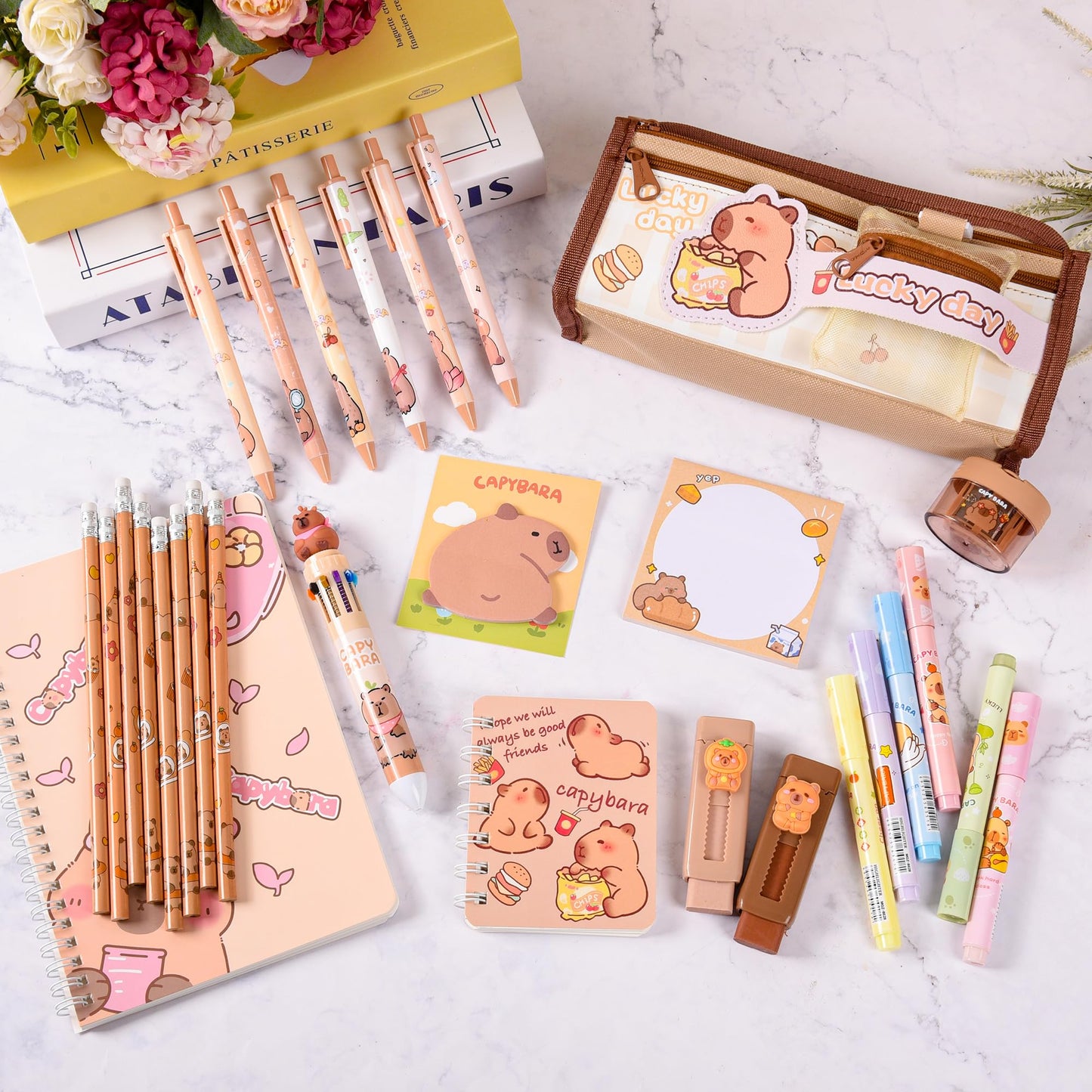 Ulema 33Pcs Cute Capybara Stationery Set,Capybara Birthday Gifts for Boys Girls School Supplies,Capybara Set with Compartments Gel Pens, Pencils, Erasers, Pencil Sharpener etc, Classroom Rewards.