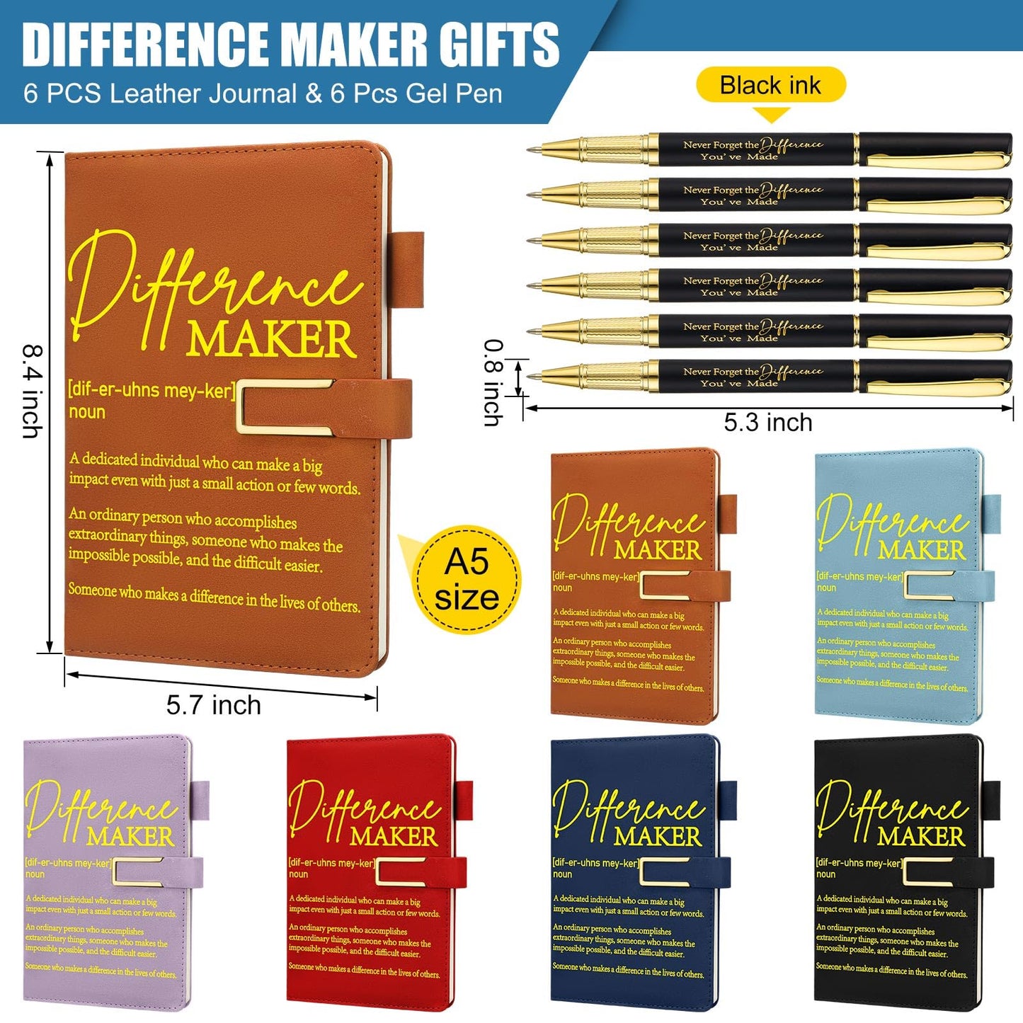 Chuangdi 6 Sets Difference Maker Gifts Employee Appreciation Gifts Bulk A5 Leather Journal Notebook with Metal Buckle Ballpoint Pen Thank You Inspiration set for Women Men Teachers Coworker Manager