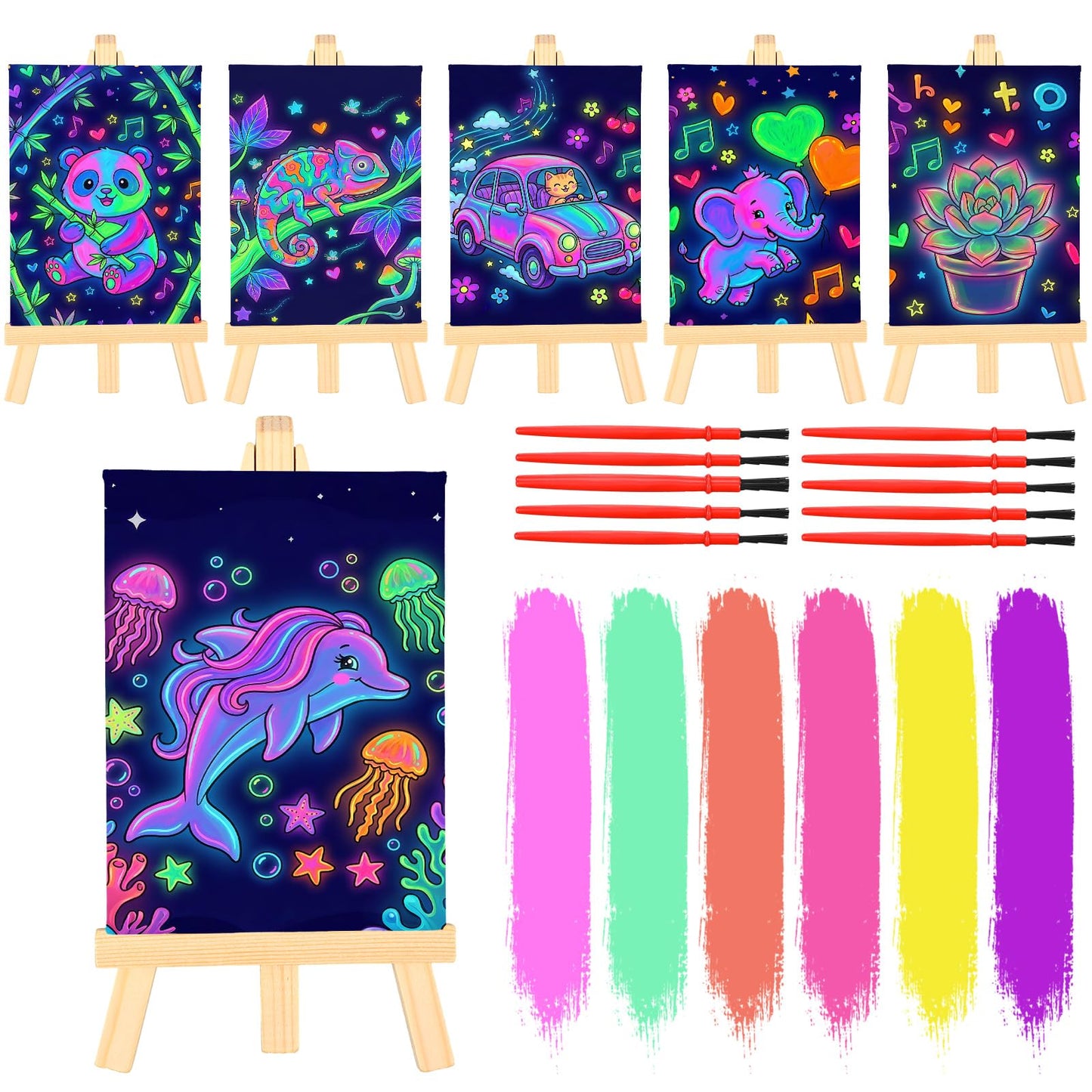 Tosstuki 24 Set Glow in the Dark Party Supplies Glow in Dark Paint Kit 3.9" x 5.9" Canvas for Painting with Wooden Easel Paint Brush Kit for DIY Crafts Rainbow Light up Birthday Luminous Party Favors
