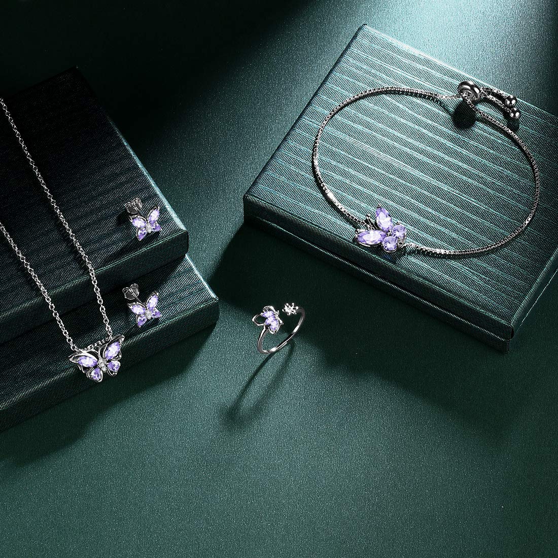 Hipunk Butterfly Blue Jewelry Sets Birthstone Women 925 Sterling Silver June-Alexandrite Birth Stone Animal Butterflies Jewelry Sets/Earring/Ring/Bracelet Set Crystal Birthday Jewelry SS0003U