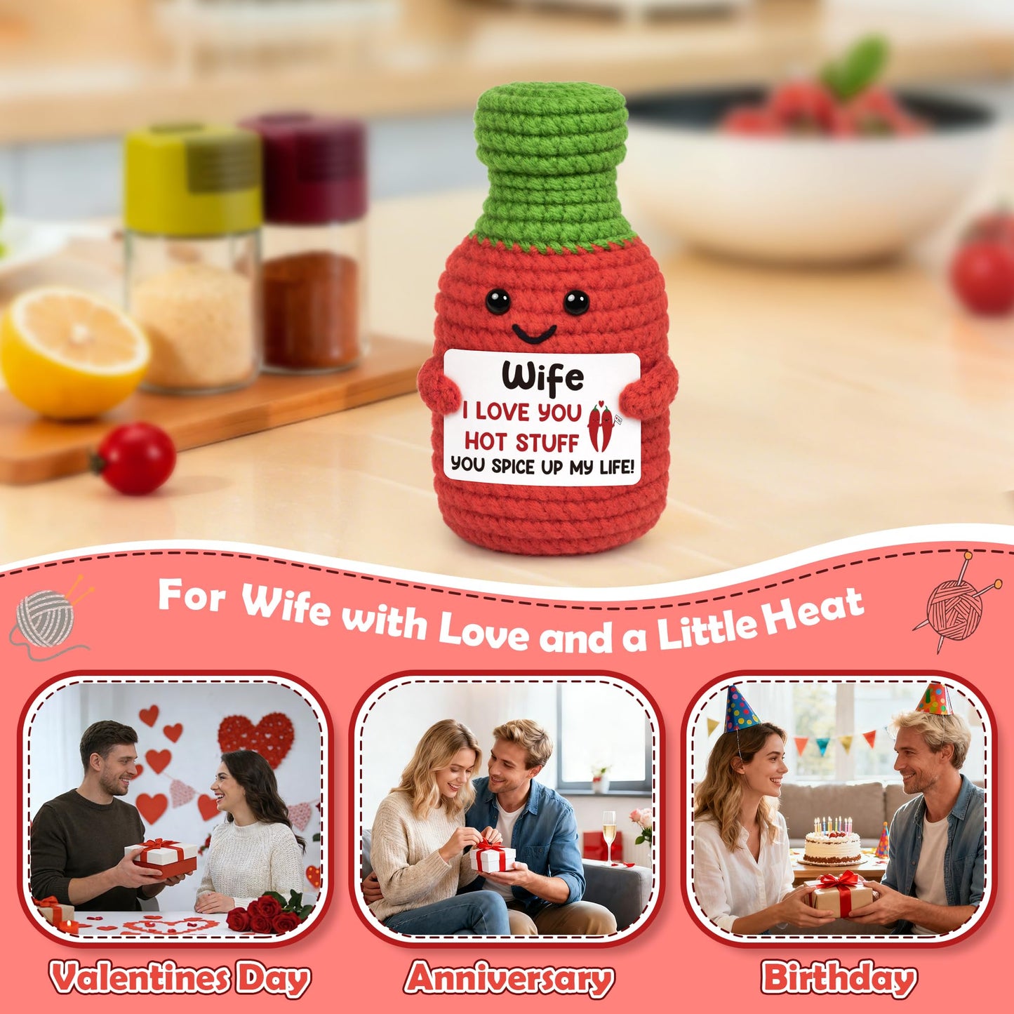 Wife Birthday Gifts for Women Anniversary Romantic Gift for Her from Husband, Mothers Day Sweet Gifts for Wife I Love You Wedding Wife's Persent Funny Handmade Crochet Hot Sauce Gift for Couple Her