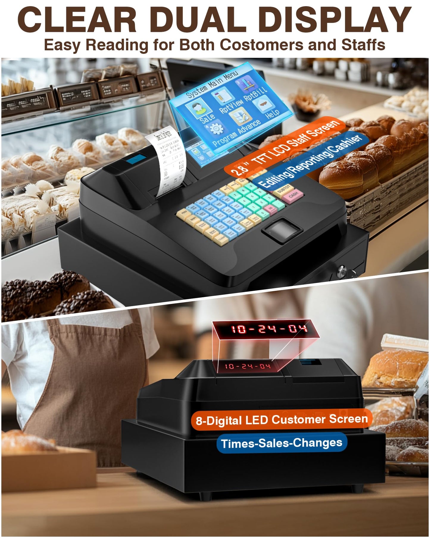 PYY Cash Register for Small Businesses - Electronic Commercial Caja Registradora para Negocio with Locked Cash Drawer Box, 8 Digital Dual Display, 48 Keys, Restaurant Supermarket Retail System