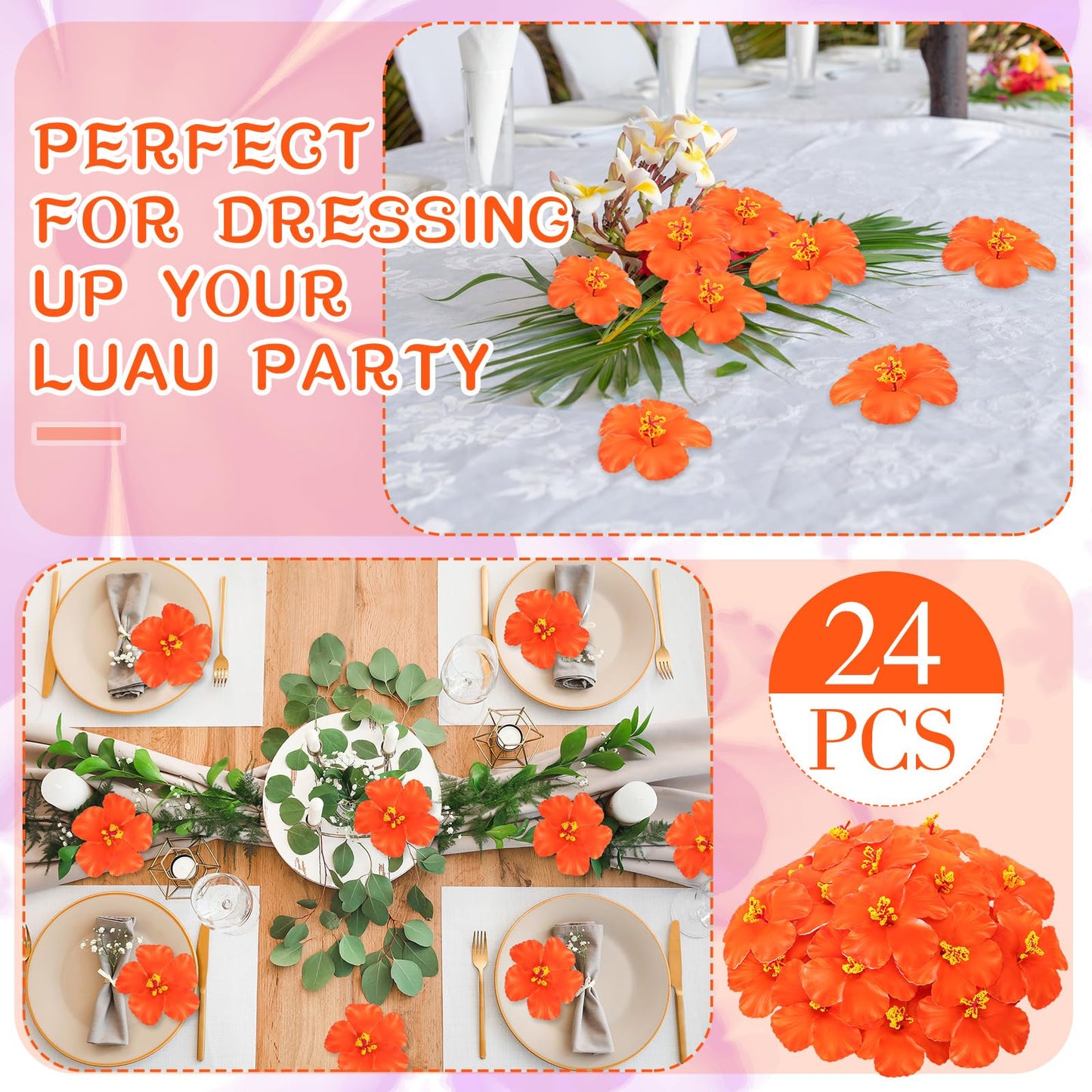 Hotop 24 Pcs Artificial Hibiscus Flowers Orange Hawaiian Fake Flowers Faux Tropical Hibiscus Decoration for Luau Summer Party Decor DIY Crafts Cake Favors Supplies Table Centerpieces