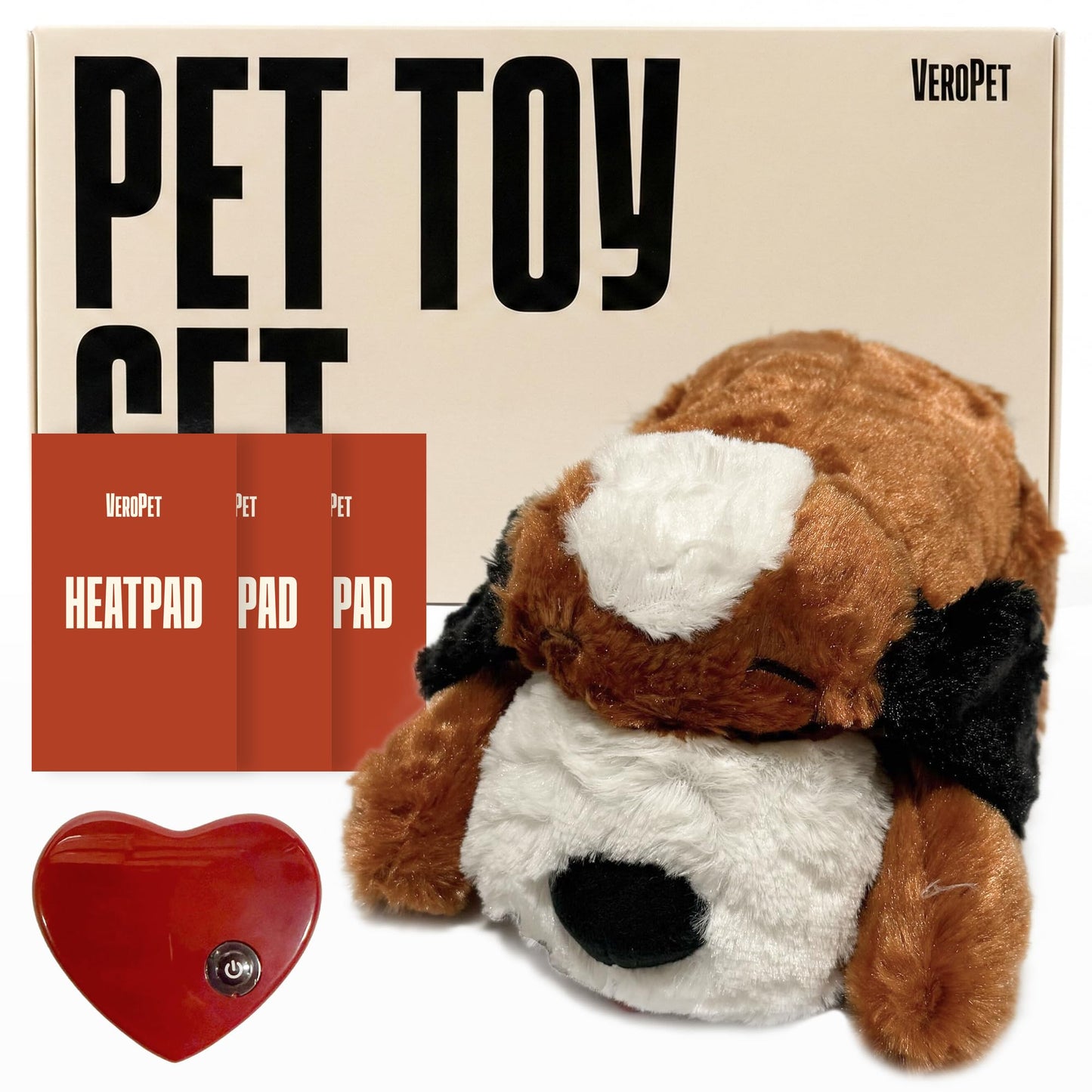 VeroPet 3-in-1 Pet Anxiety Relief Toy Set with Heartbeat Real-Feel Simulator and Warming Heat Pad, Soft Plush Snuggle Companion for Dogs and Small Animals, 11.8 Inch, Polyester Cotton Blend