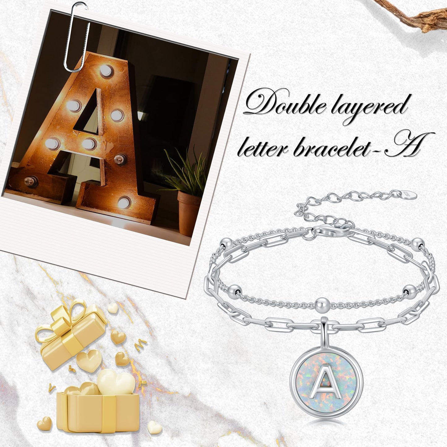LWQQWL Initial A Bracelet for Women 925 Sterling Silver Layered Initial Bracelet Opal Letter 26 Alphabet Jewelry Christmas Gifts