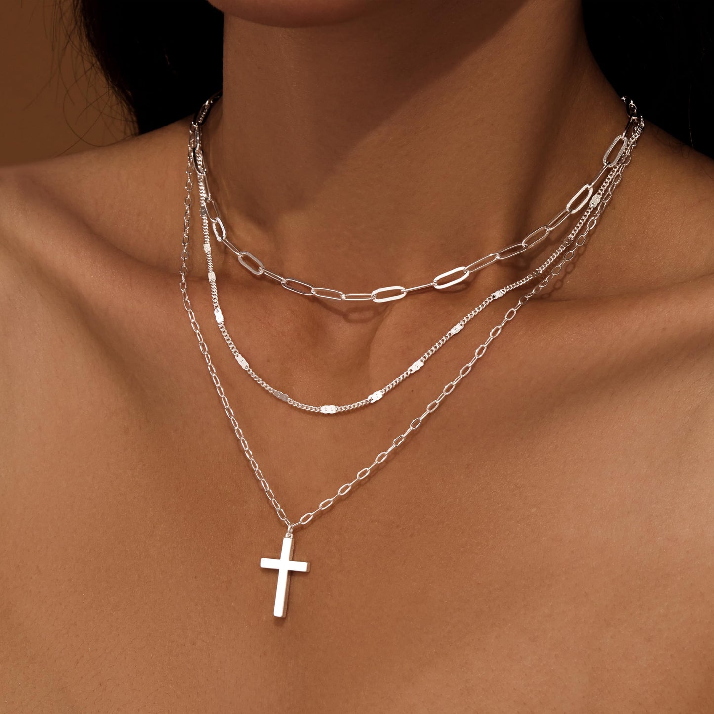 Layered Silver Cross Necklaces for Women, Silver Plated Dainty Stackable Choker Paperclip Necklaces for Women,Trendy Layering Cross Pendant Thin Dot Chain Necklace Set Jewelry Gifts for Women