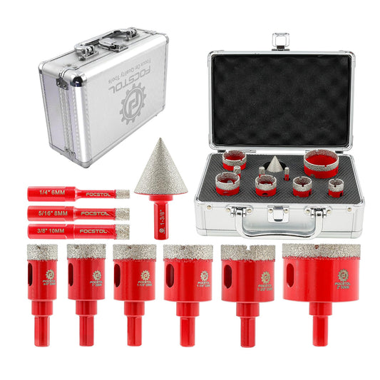 Diamond Core Drill Bits Set - FOCSTOL 10pcs (6/8/10/20/25/28/32/35/50mm+35mm Beveling Chamfer Bit) Hole Saw Kit with Triangle Shank for Porcelain Tile Ceramic Granite Marble