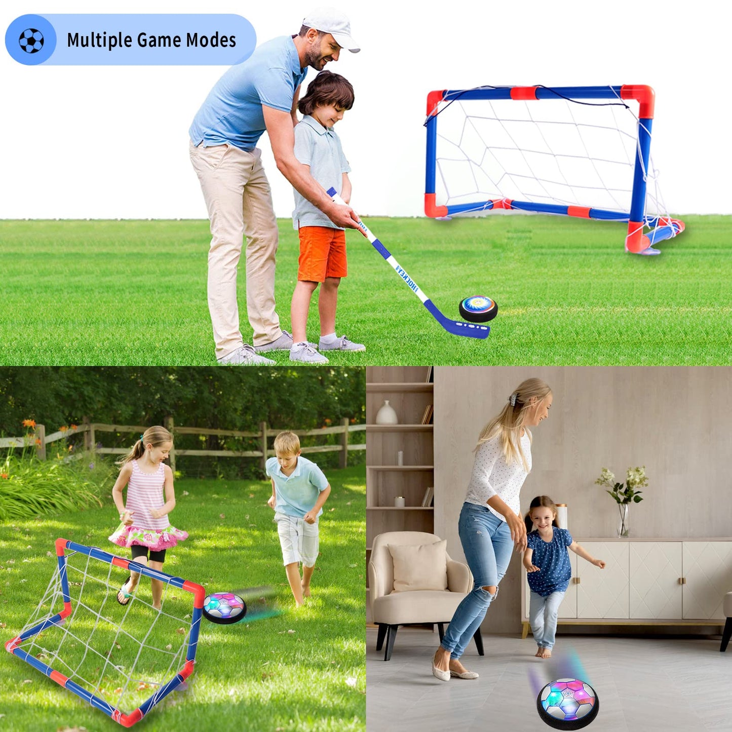 3-in-1 Hover Hockey Soccer Ball Set, Rechargeable Air Soccer and Floating Battery Hockey Kids Toys with LED Lights and Foam Bumper, 2 Goals for Boys and Girls Ages 4 5 6 7 8-12 for Indoor/Outdoor Game