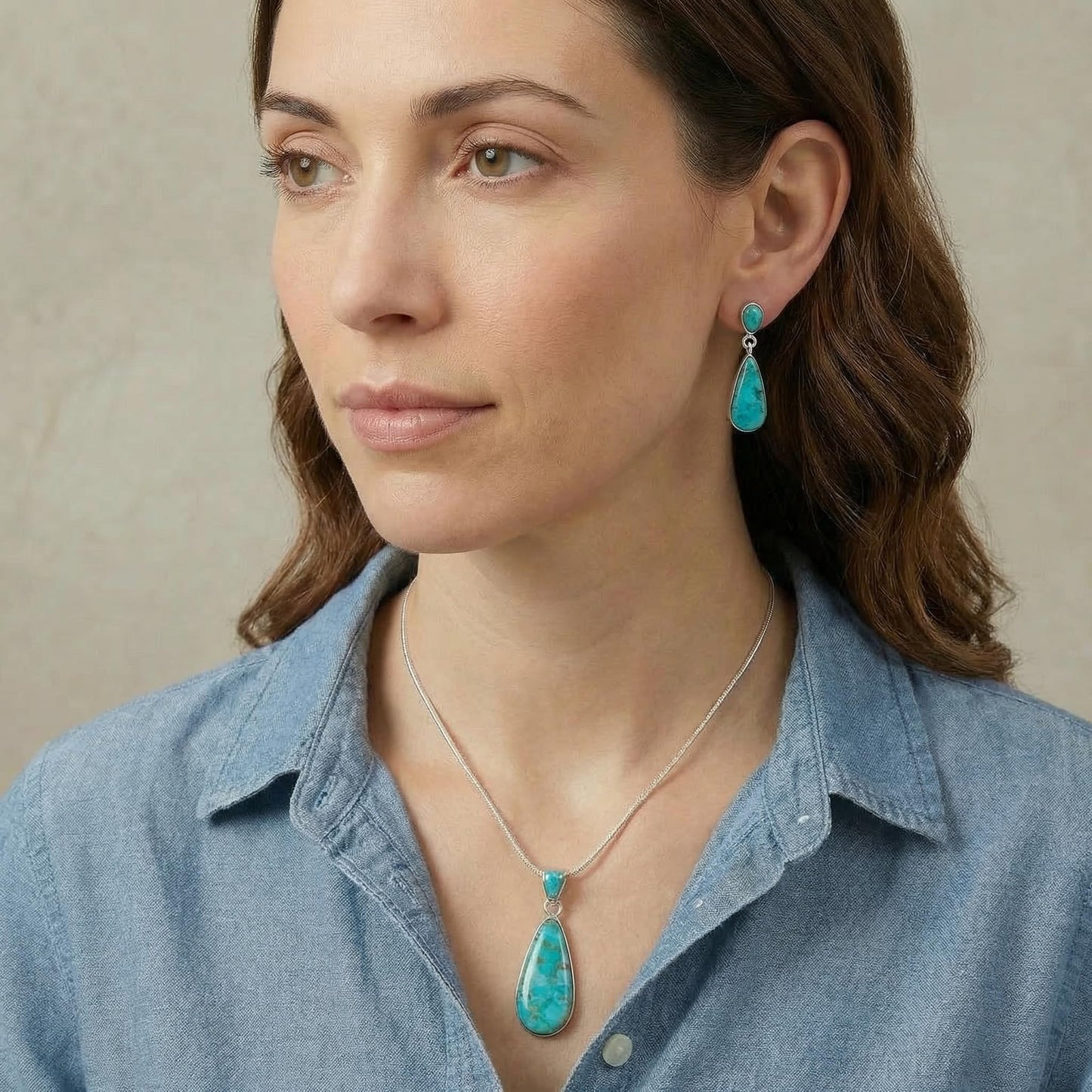 Turquoise Necklace & Earrings Set in Sterling Silver 925 with Genuine Gemstones (20” Chain)