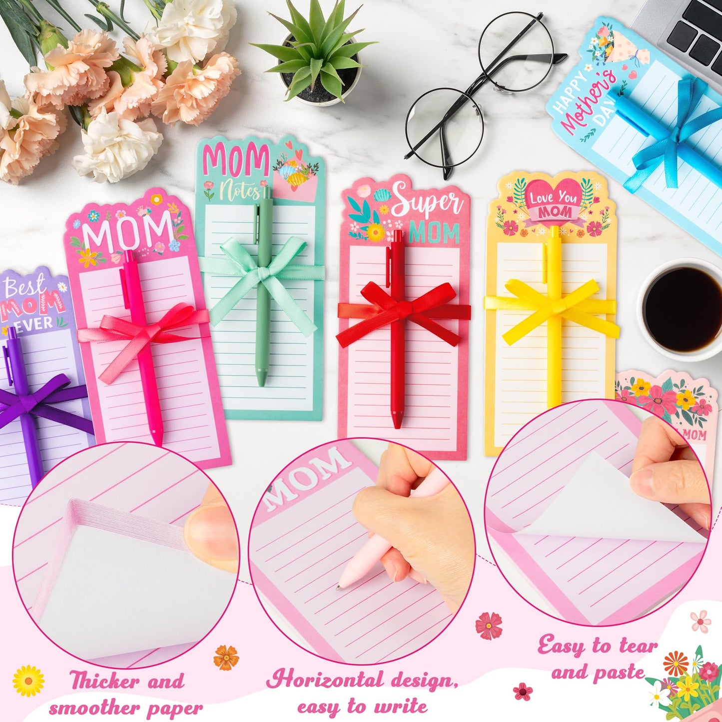 ANGOLIO Mother's Day Notepads With Pen - 8 Sets Happy Mother's Day Sticky Notes Gifts for Mom Self-Adhesive Sticky Notepads Writing Memo Pads for Mom Ladies Women School Office Birthday Gifts Supplies