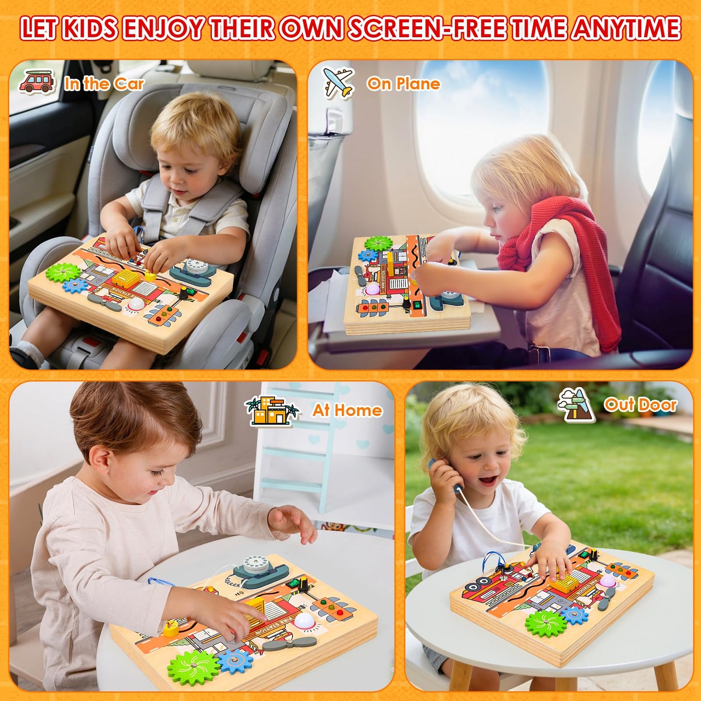 Wdmiya Montessori Busy Board for Toddlers 2-4, Fire Truck Activity Board with LED Lights & Sounds, Wooden Sensory Learning Toy with Rotary Phone, Helicopter & Gears, for 2 3 4 Year Old Boys Girls Gift
