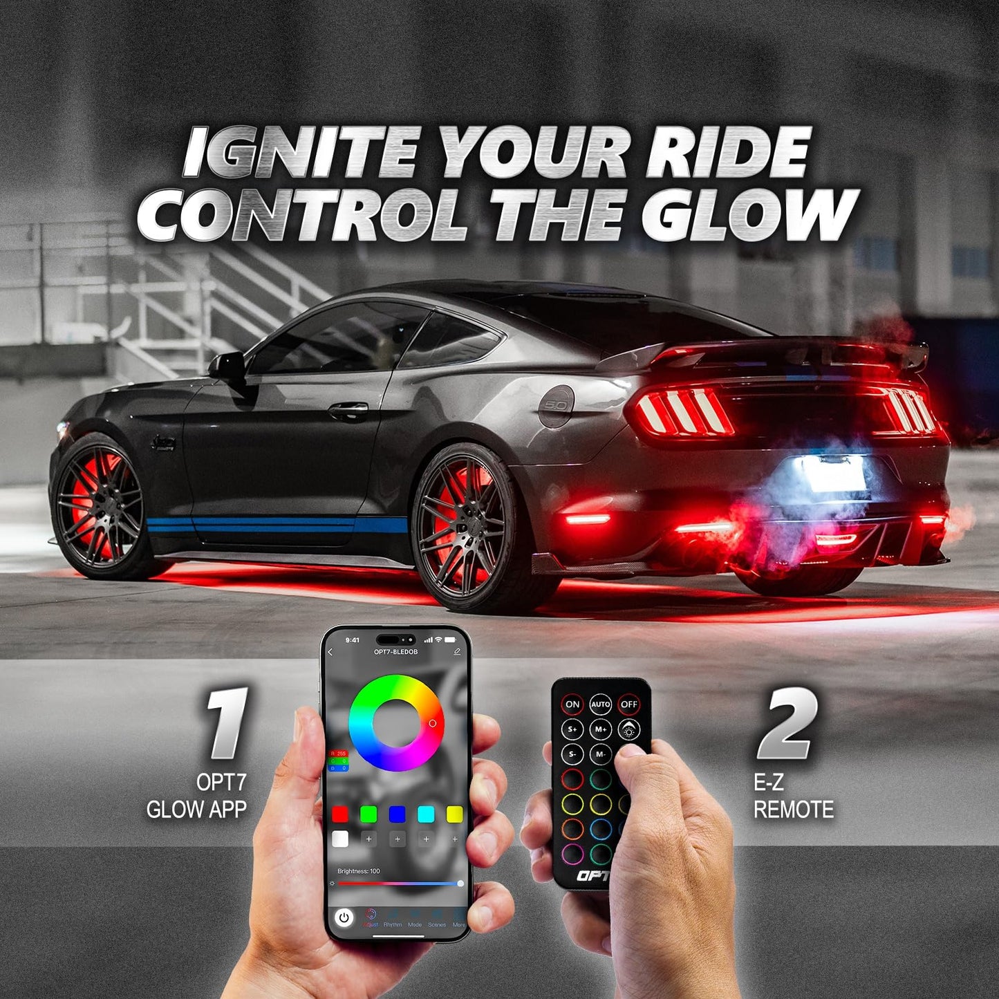OPT7 Aura Pro Underglow LED Lights with APP & Remote Control, RGB Multicolor Mode, Music Sync, 4 PCS Waterproof Rigid Aluminum Light Bar, Exterior Underbody Lighting Kit Universal Fit for Car Truck RV