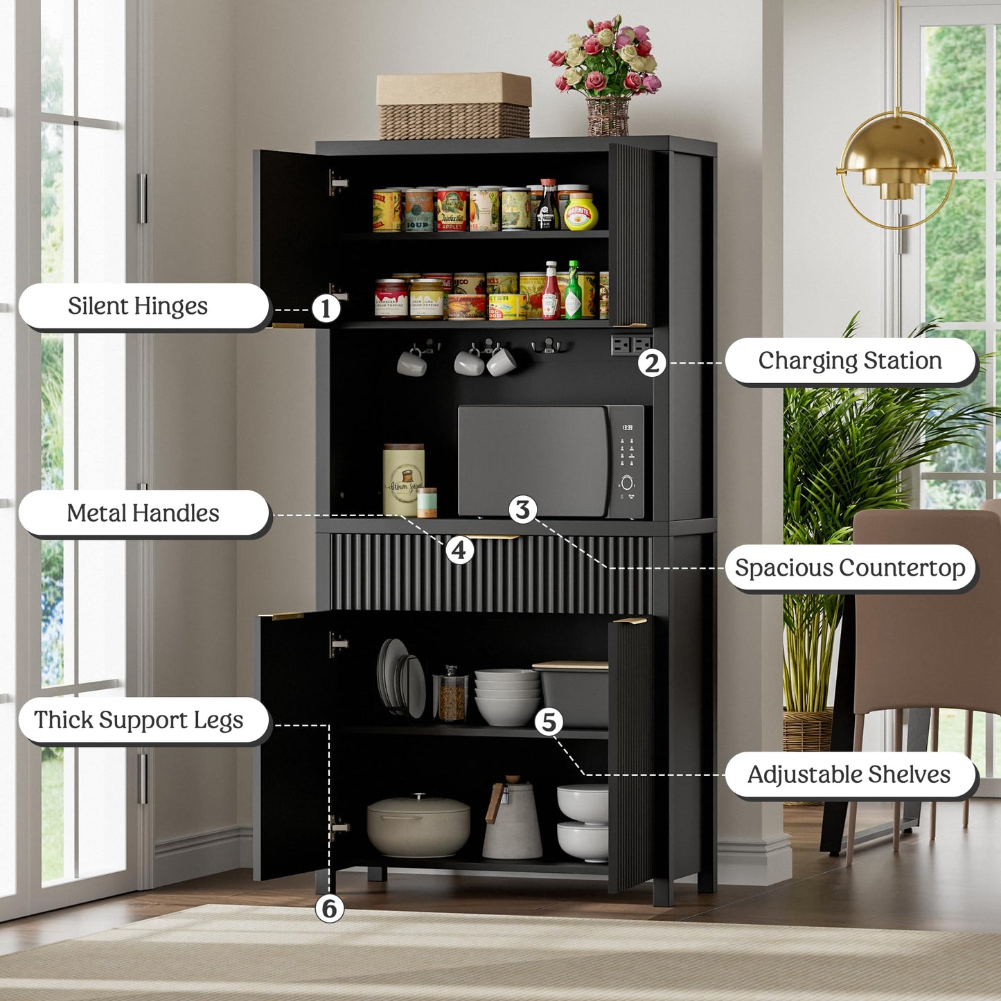 Lulive 71" Fluted Pantry Cabinet with Charging Station & Adjustable Shelves, Spacious Kitchen Storage Cabinet with Open Countertop & Drawer for Dining Room, Living Room, Black