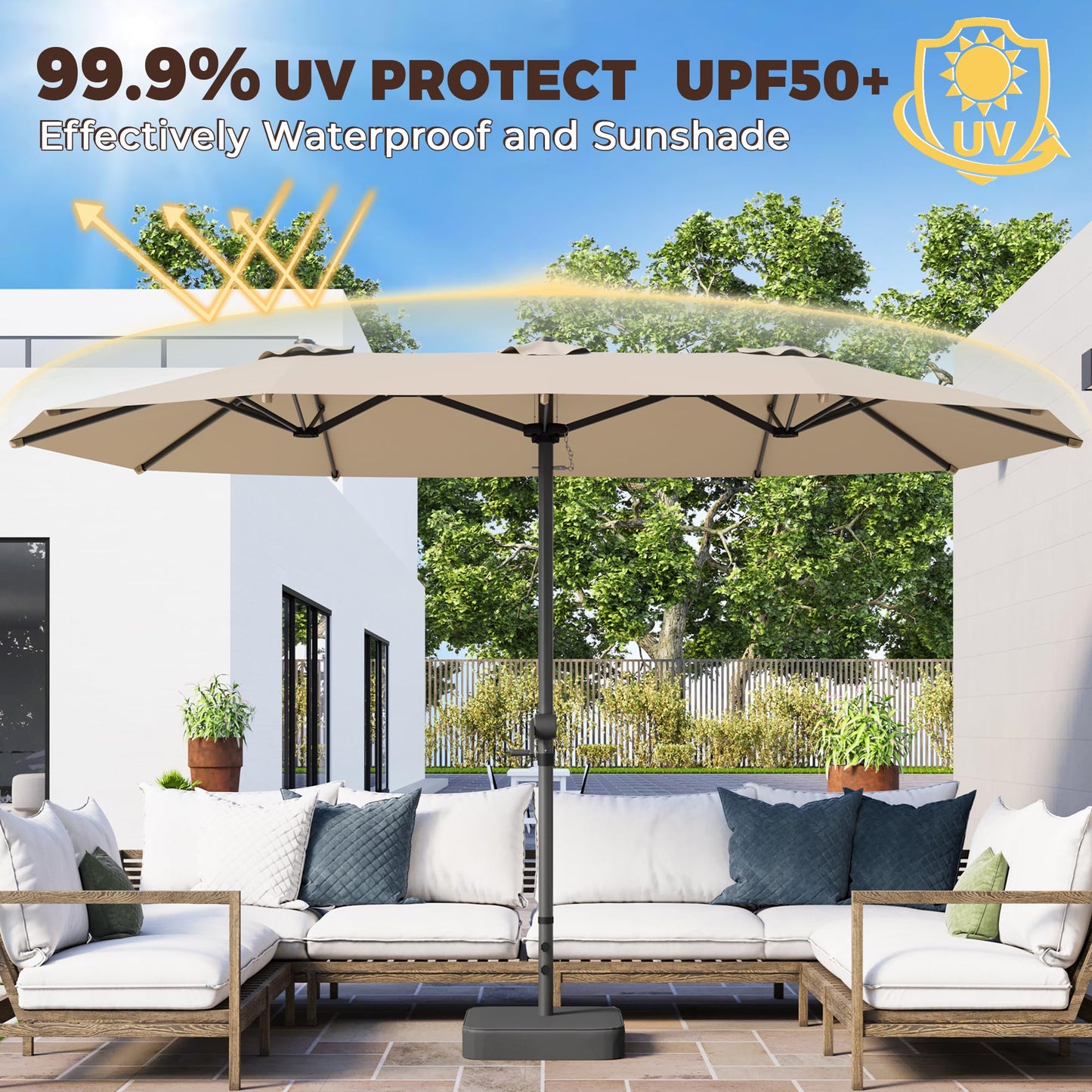 GDPFN 15FT Large Patio Umbrella with Base Included, Outdoor Deck Standing Umbrella with Crank Handle, Double-Side Rectangular Pool Umbrella for Outside, Market, Patio, Beige