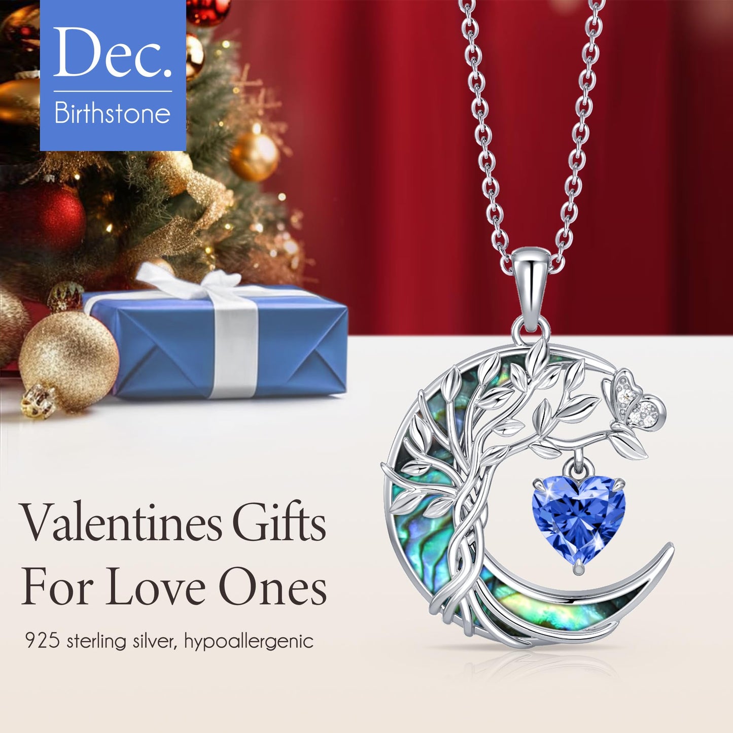Distance Tree of Life Birthstone Necklace for Women, S925 Sterling Silver Premium Abalone Shell Moon Pendant December Heart Birthstone Necklace, Tanzanite Jewelry Christmas Birthday Gifts for Her Wife