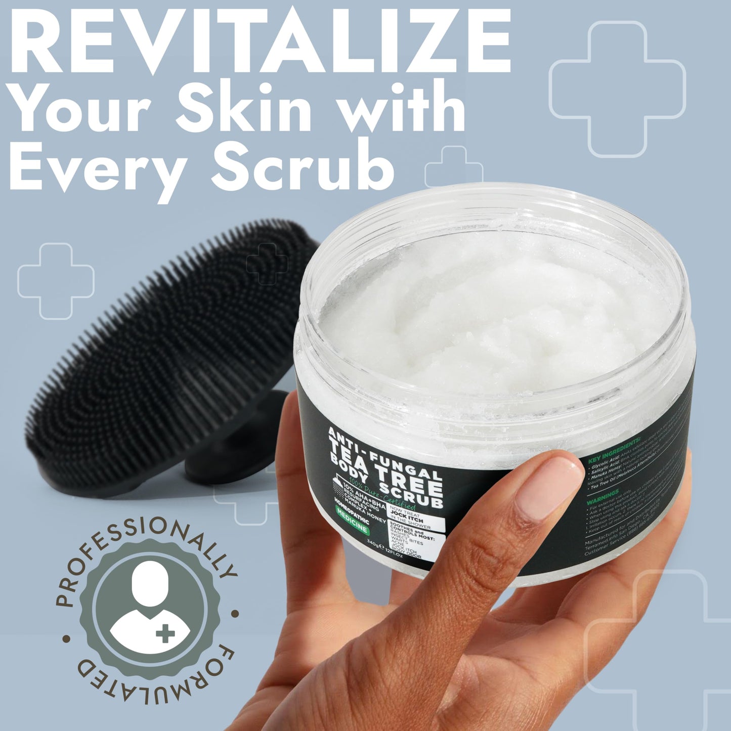 Body Scrub | Tea Tree Oil Scrub with Manuka Honey and Salicylic Acid | Fights Jock Itch, Acne, Rashes & Body Odor | Anti Fungal Natural Body Exfoliator for Men and Women with Free Scrubber Brush