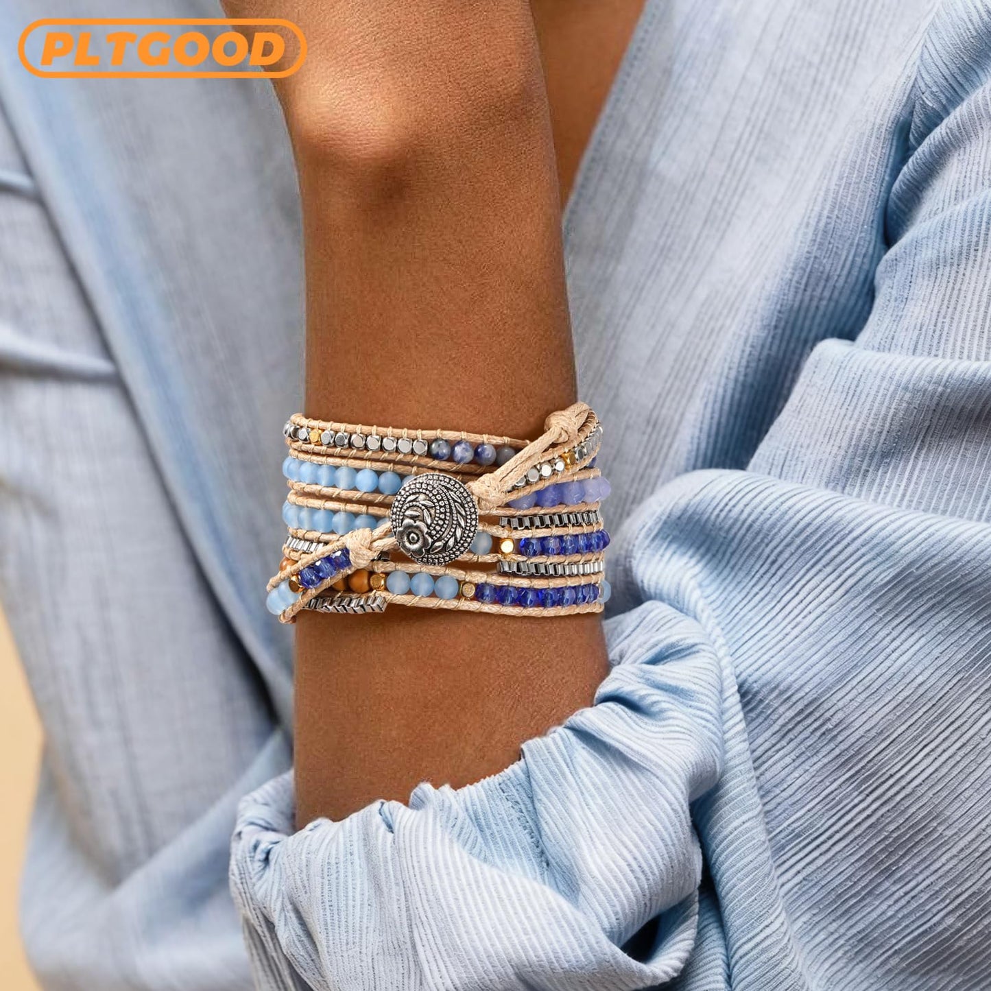 PLTGOOD Beaded Bracelets for Women Handmade Adjustable Boho Bracelets For Women Blue Natural Stone Bracelet 5 Wrap Bracelets Rope Yoga Healing Bracelet Jewelry