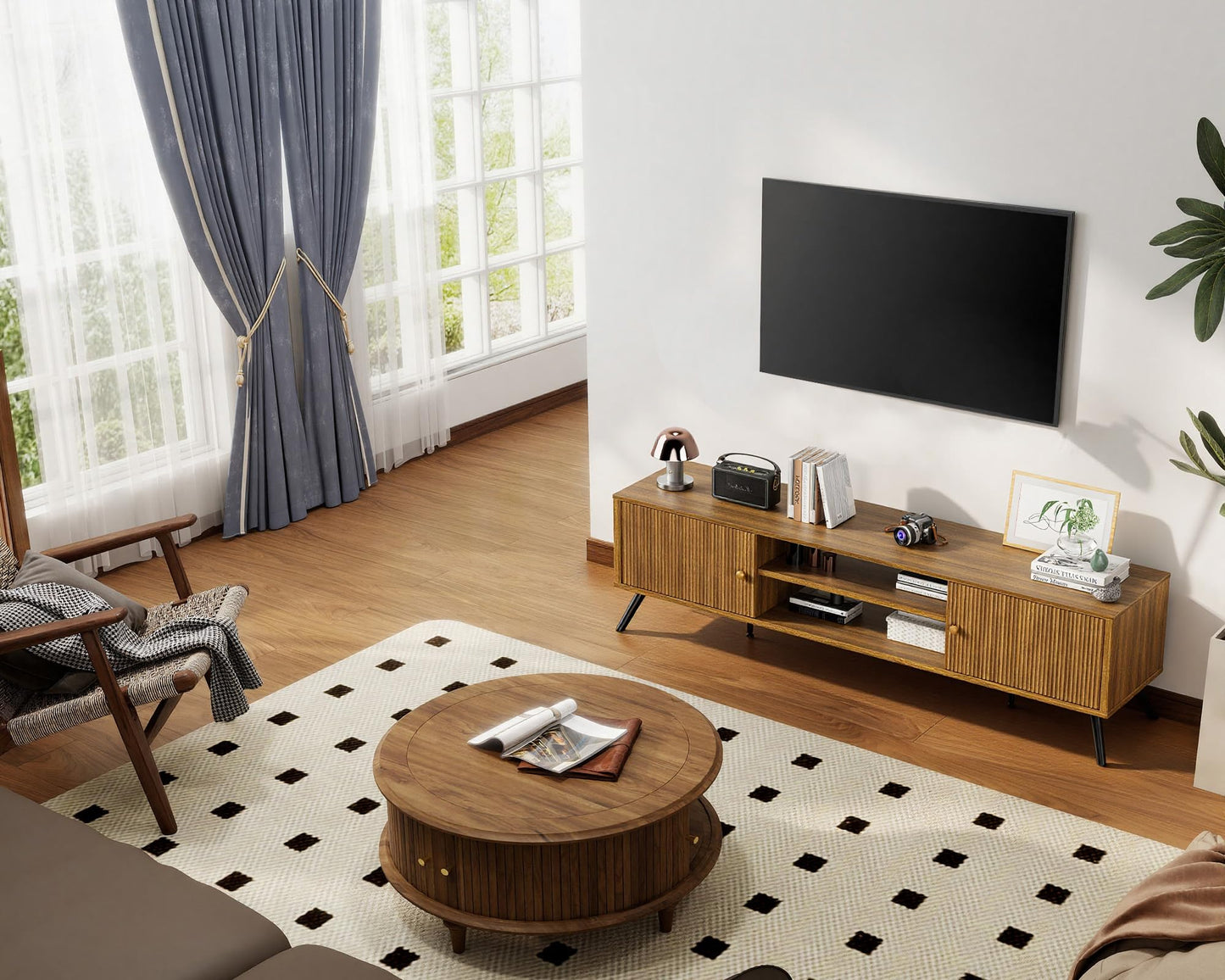 COMHOMA TV Stand for Living Room, Mid Century Modern Entertainment Center for 65/70/75 Inch TVs, Retro Brown TV Console with Fluted Door Cabinets and Open Adjustable Shelve Storage for Bedroom (70In)