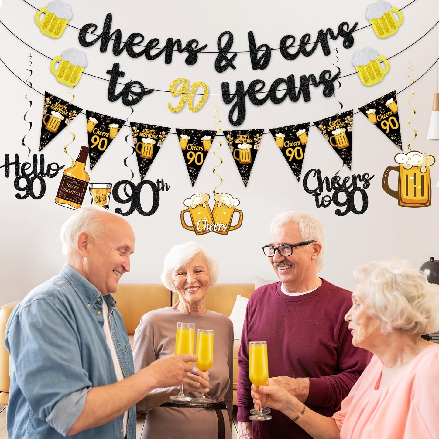 Black Gold 90th Birthday Decorations for Men Women, Glitter Pre-Strung Cheers to 90 Years Banner Hello 90 Hanging Swirls Paper Triangle Flag Banner Decorations Bday Party Supplies Kit