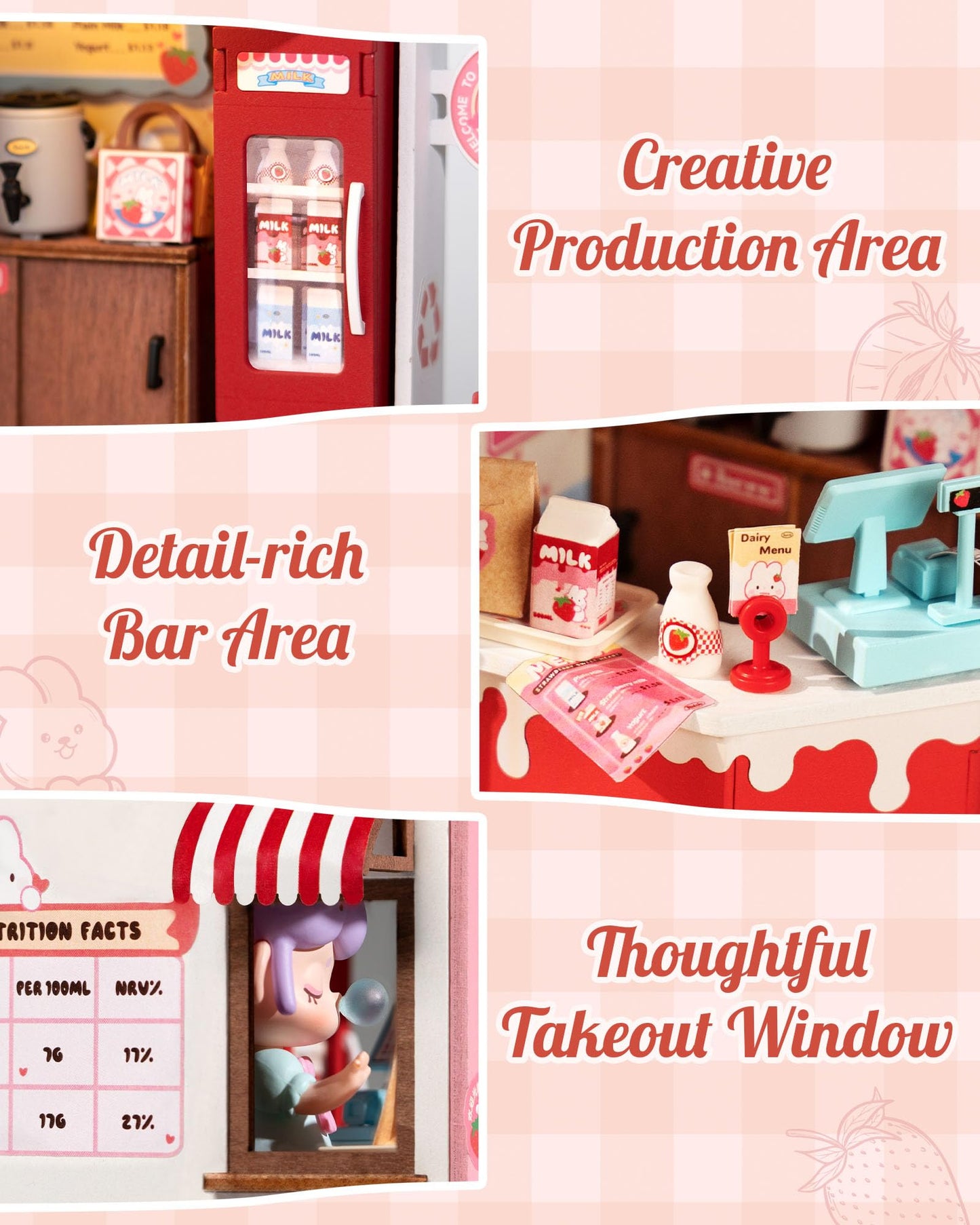 Robotime DIY Miniature House Kit, 1:28 Scale Tea Shop Scale Diorama Dollhouse with LED Lights, 3D Wooden Puzzle for Adults, Creative Crafts & Unique Gift for Craft Enthusiasts (Strawberry Milk Box)
