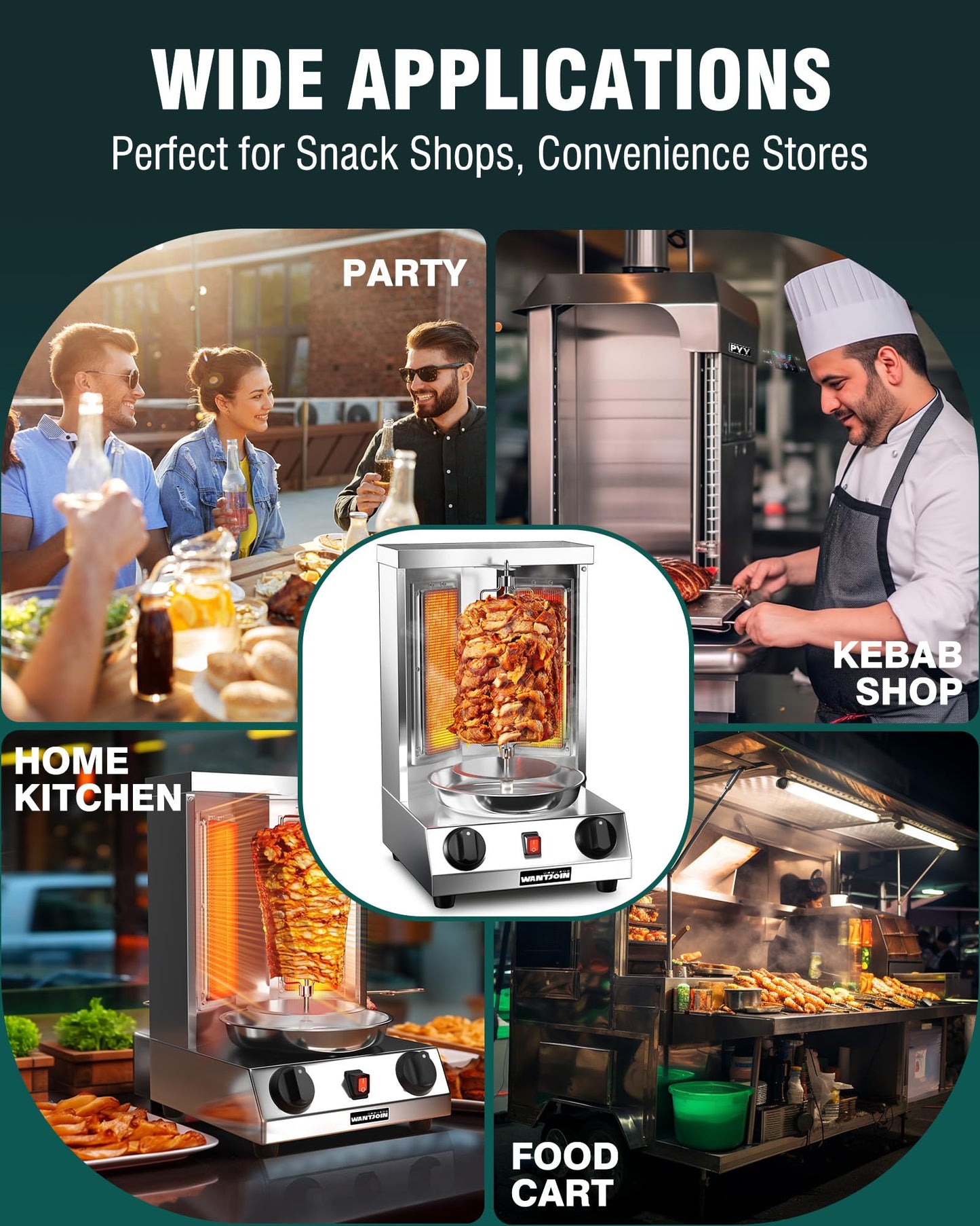 WantJoin Shawarma Grill Machine - Gas Vertical Rotisserie with 2 Burners for Home, Countertop Rotating Doner Kebab Oven Broiler Gyro Maker with Shovel, 11.6 x 11.8 x 19 inches, 110V