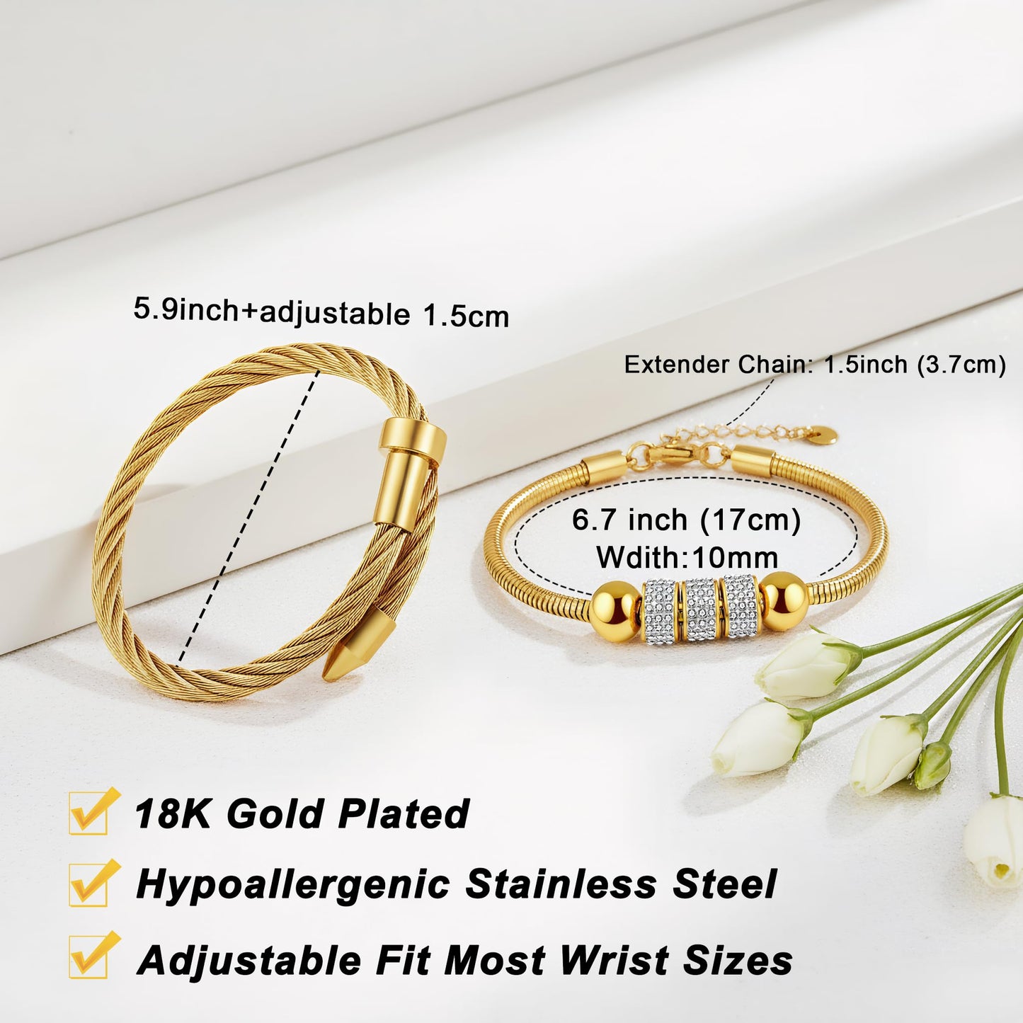 LCTrusttmor Gahna 18K Gold Plated Bangle Bracelet for Women, Non-Tarnish Stackable Nail Bracelets Set, Dainty Adjustable Cubic Zirconia Snake Chain With Beaded, Trendy Jewelry Mother's Day Birthday Gifts for Lover Mom Her
