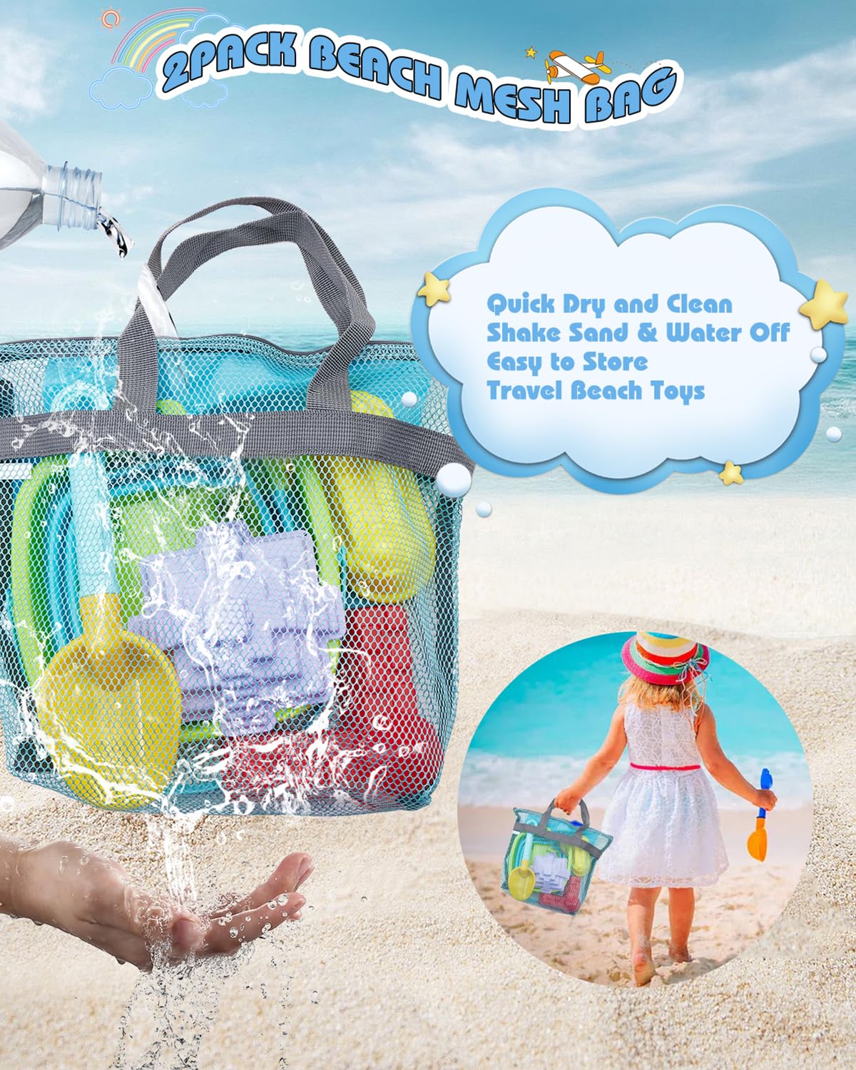 Unistylar Beach Toys, Sand Beach Toys for Toddlers with 3 Collapsible Foldable Sand Bucket and Shovels, Mesh Bag, Castle Animal Molds Sets, Travel Sandbox for Kids Age 3-10