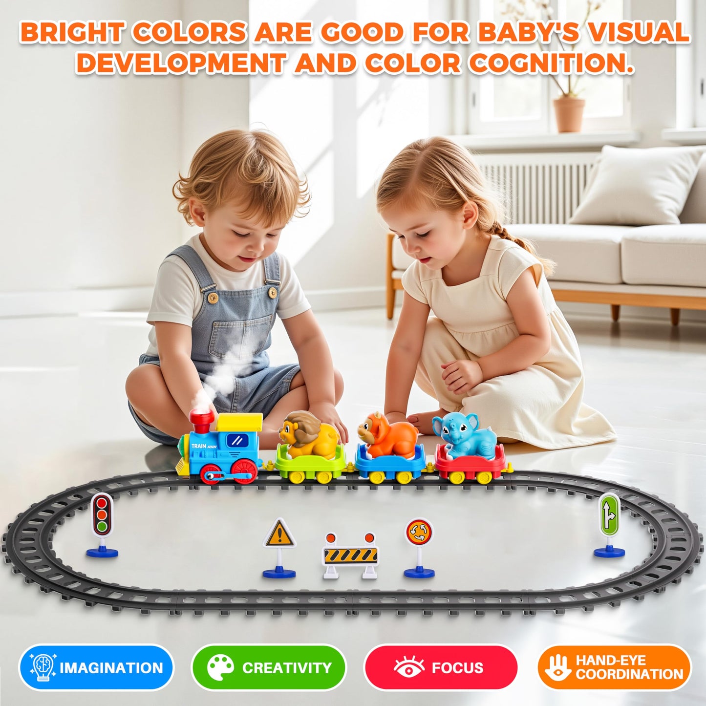 Train Set for Toddlers w/Steam, Music & Lights - Electric Train Toy for Kids with Tracks Accessories, Includes 3 Animals Car: Lion Gorilla and Elephant, Gifts for 1-3 4 5 6+ Years Old Boys Girls