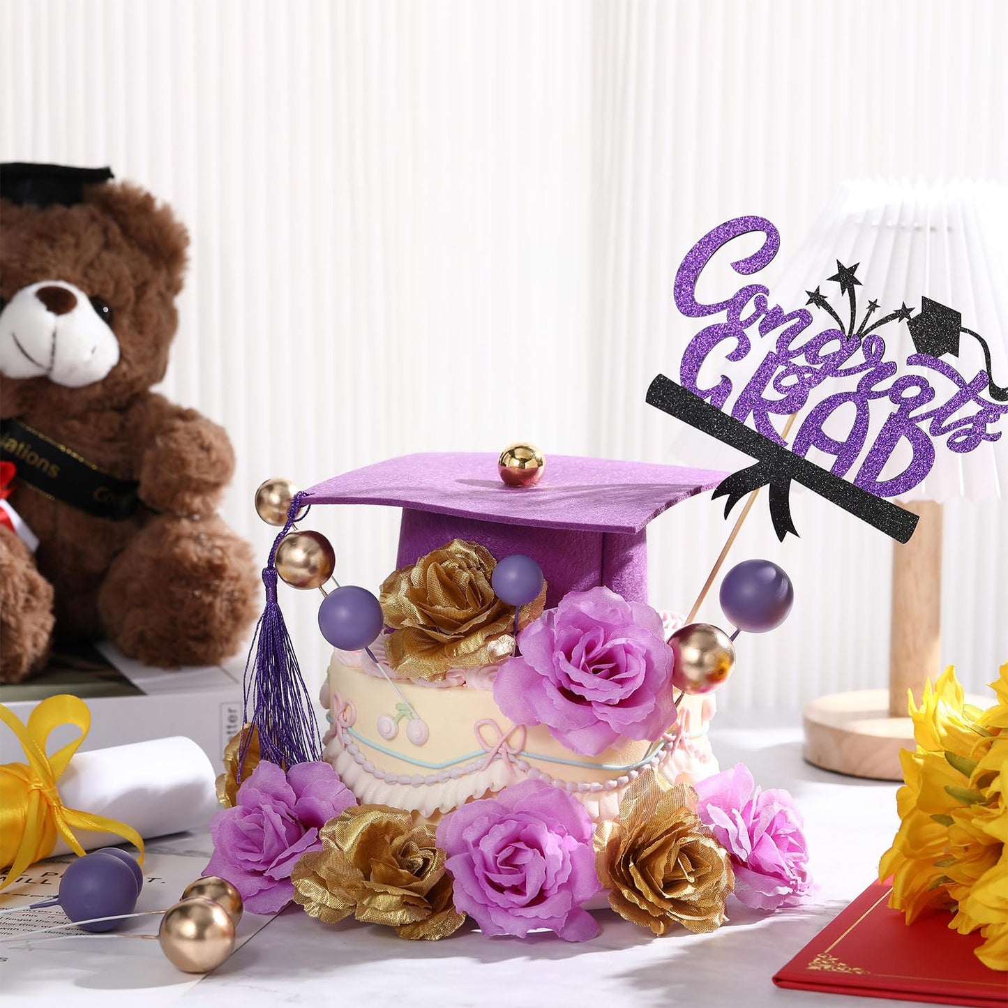 Jingmore Graduation Cake Kit Included Felt Graduation Cap Diploma Classic Black Congrats Grad Cupcake Toppers Beads Leaf Flowers Cake Decorations for Class of 2026 Party(Purple and Gold)