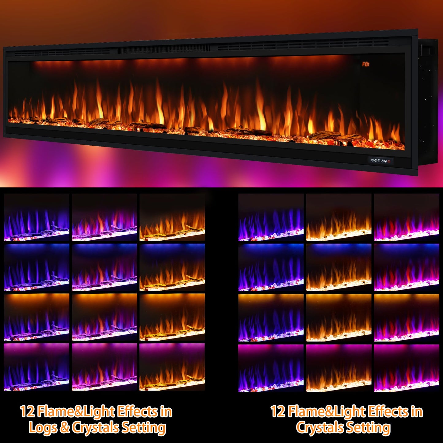 Dreamflame 86 inch Electric Fireplace, Smart Fireplace Insert recessed in Wall and Wall Mounted fire Place Heater with Metal Frame, Multicolor Flame & Realistic logs，Thermostat& Timer, 1500W, Black